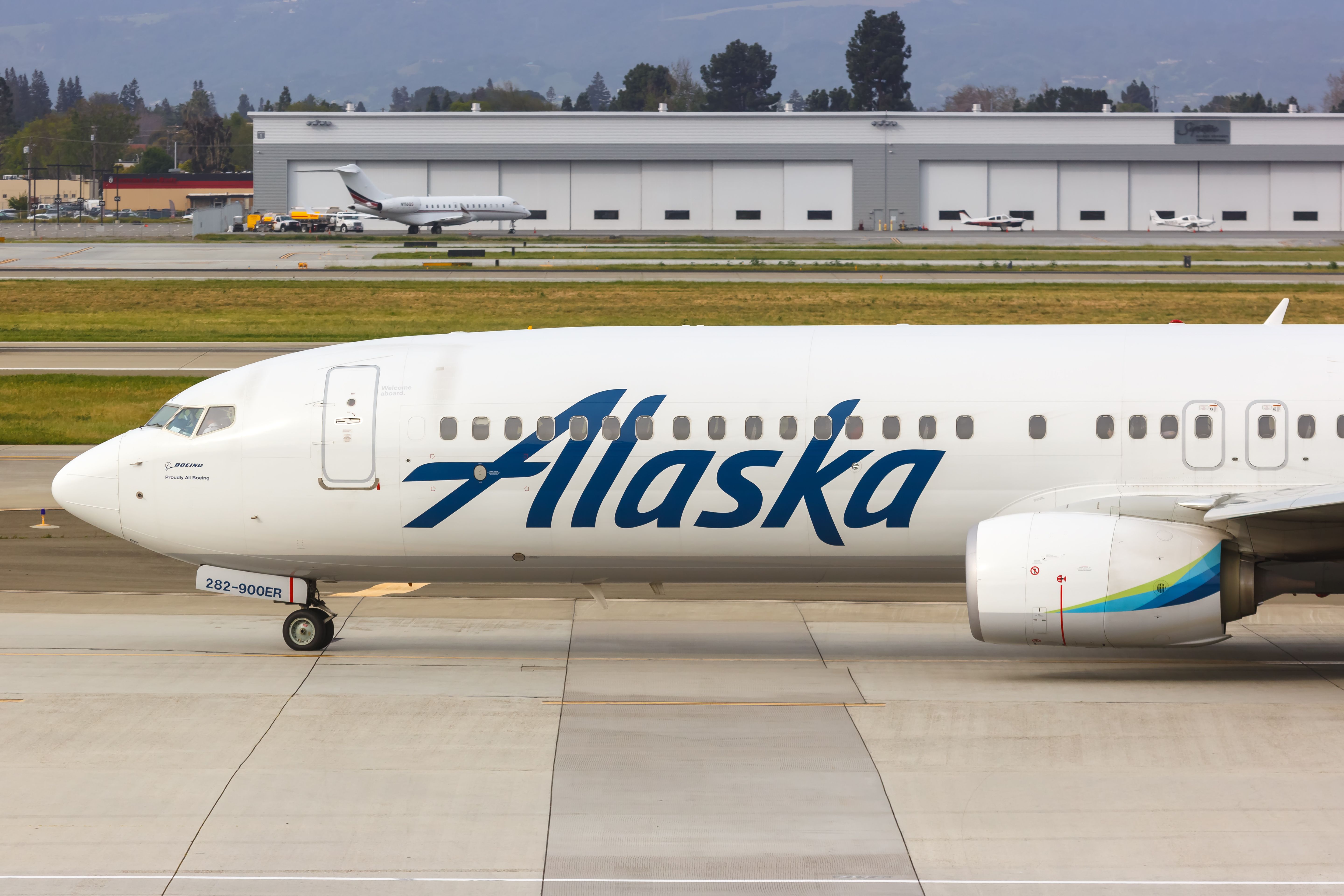 An Alaska Airlines aircraft on an airport apron.