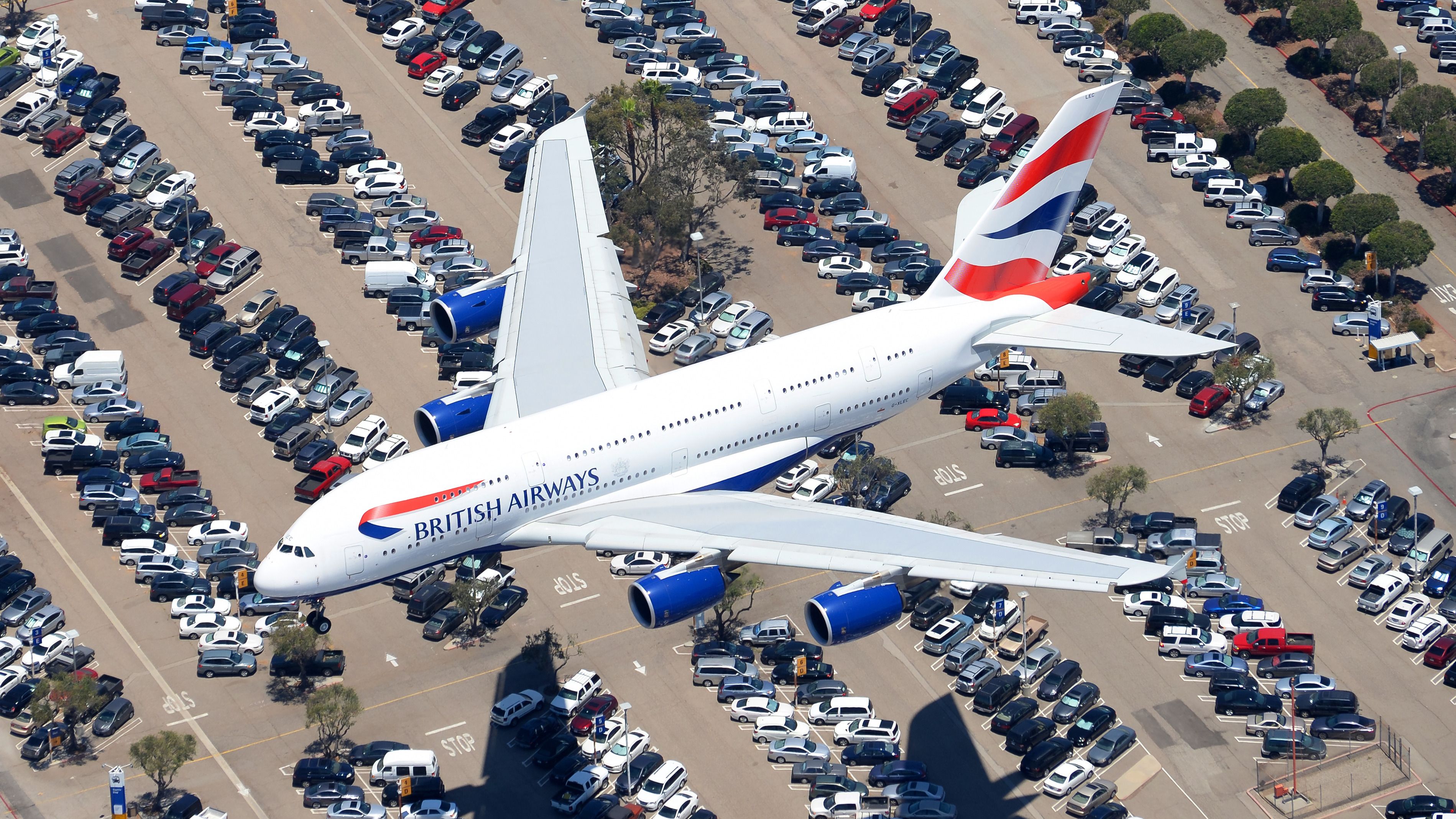 British Airways A380 over cars