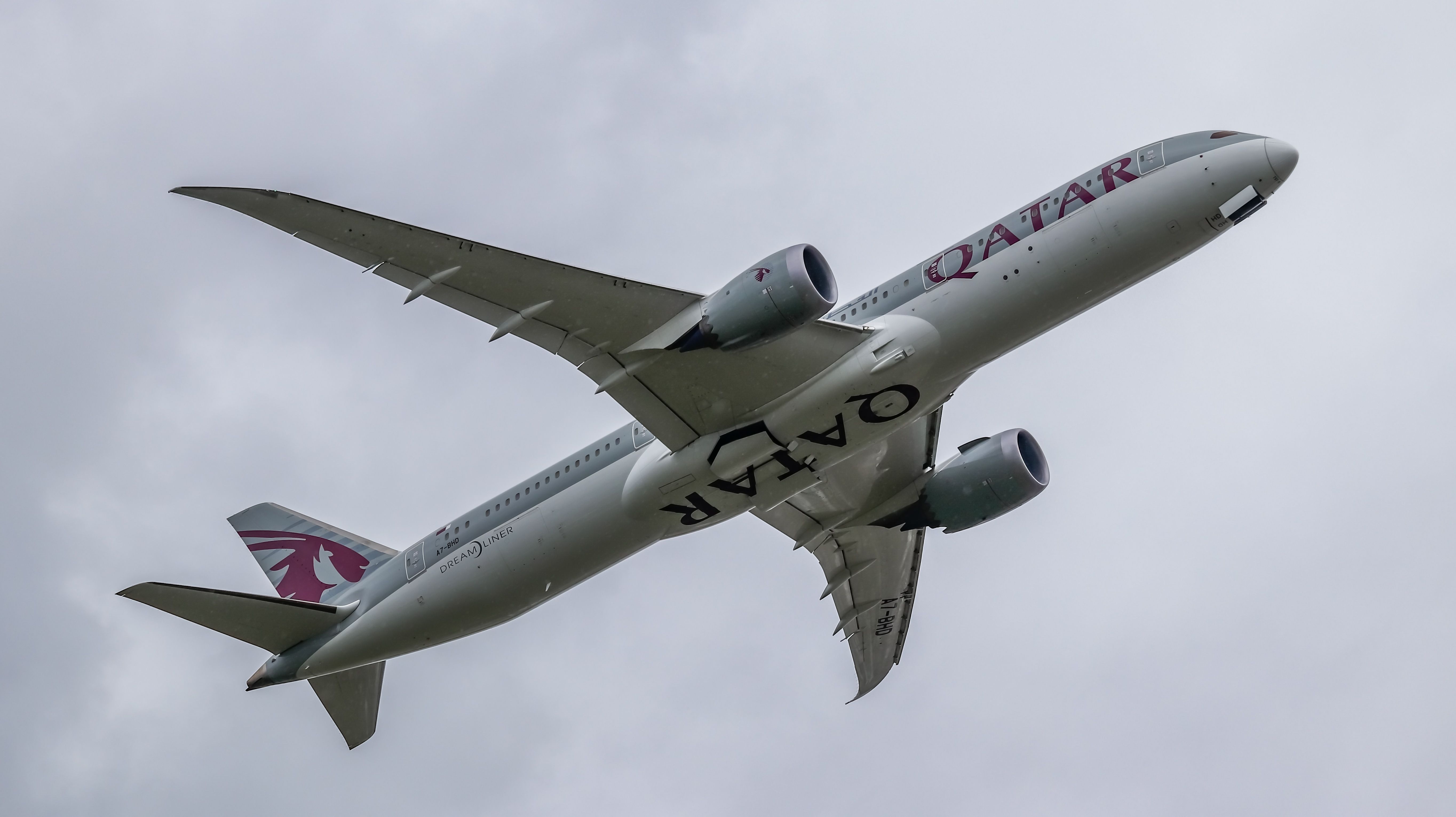 A Qatar Airways Boeing 787-9 flying in the sky.