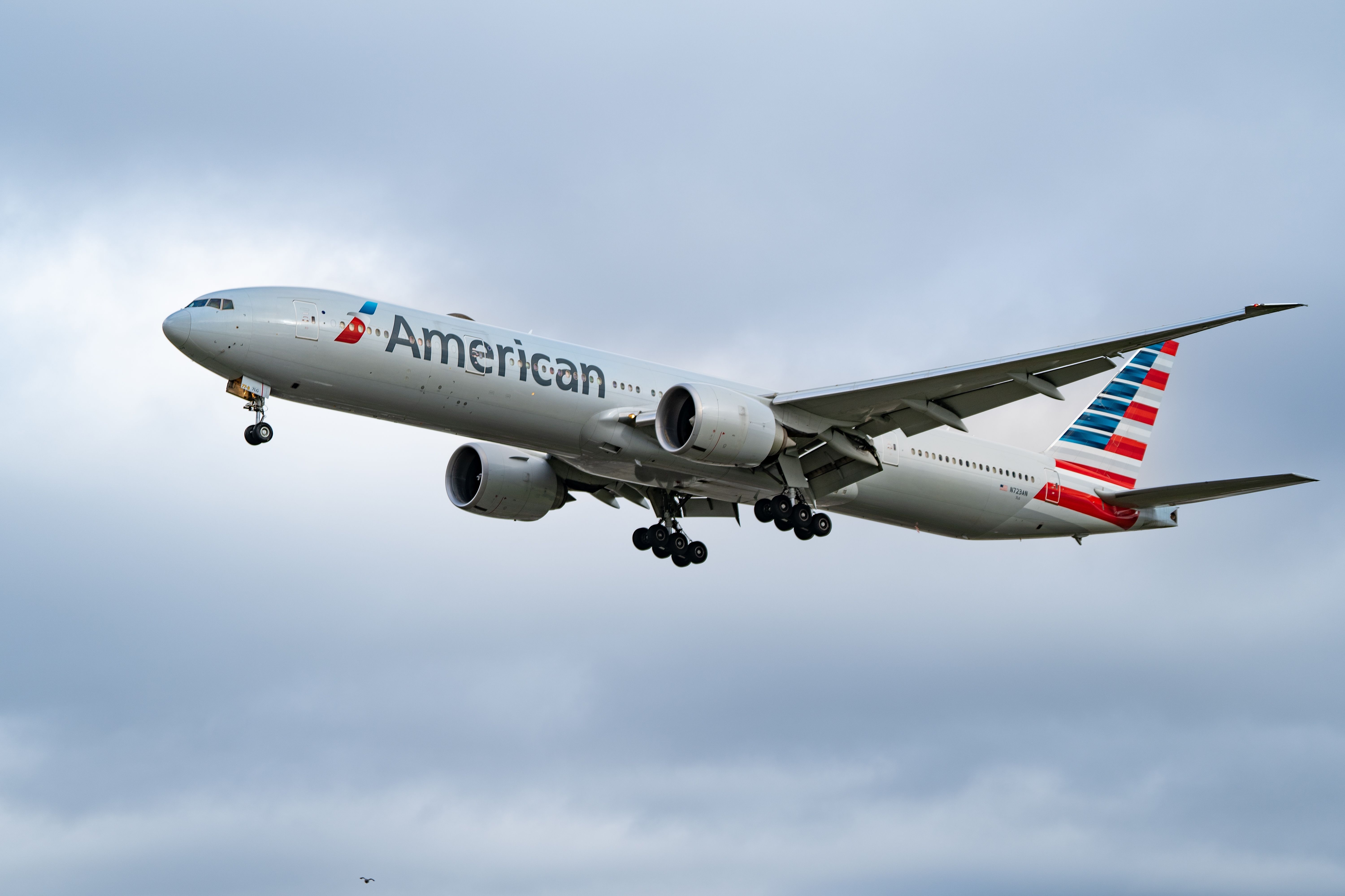 American Airlines Boeing 777-323/ER landing at London Heathrow Airport.