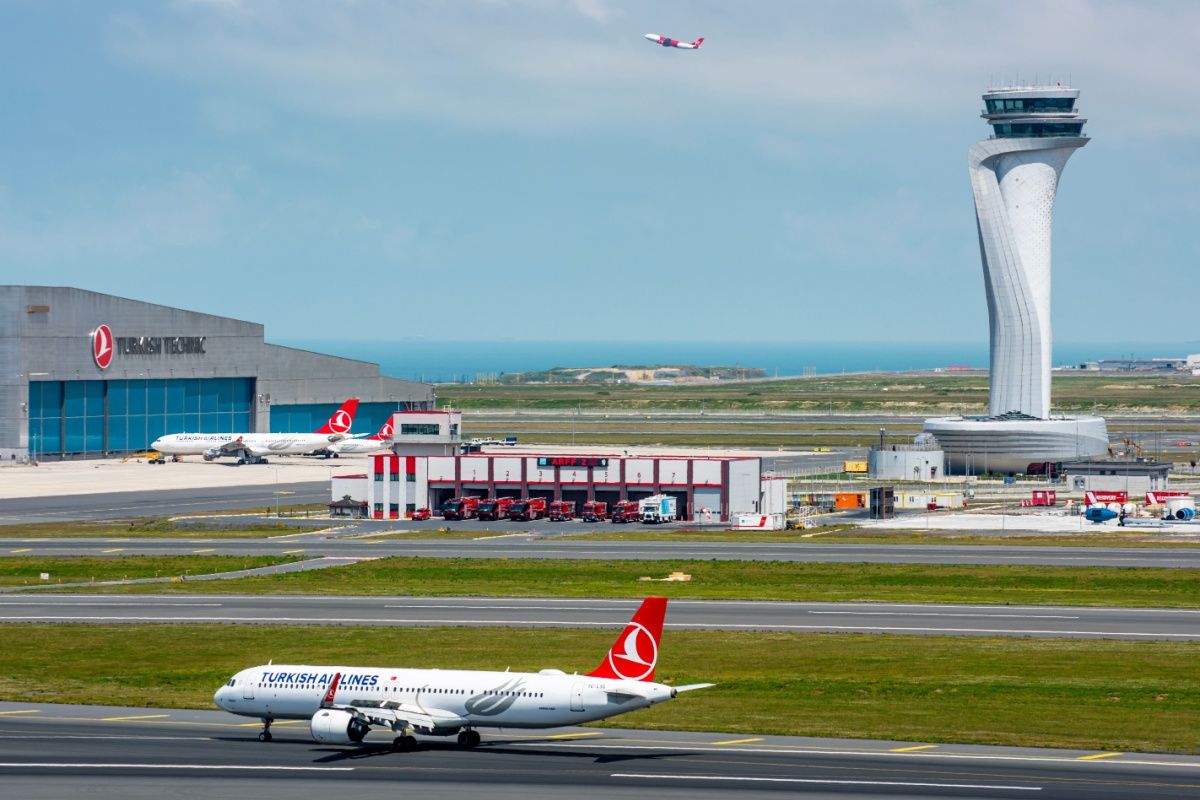 Turkish Airlines airplane with Air Traffic Control Tower of Istanbul Airport