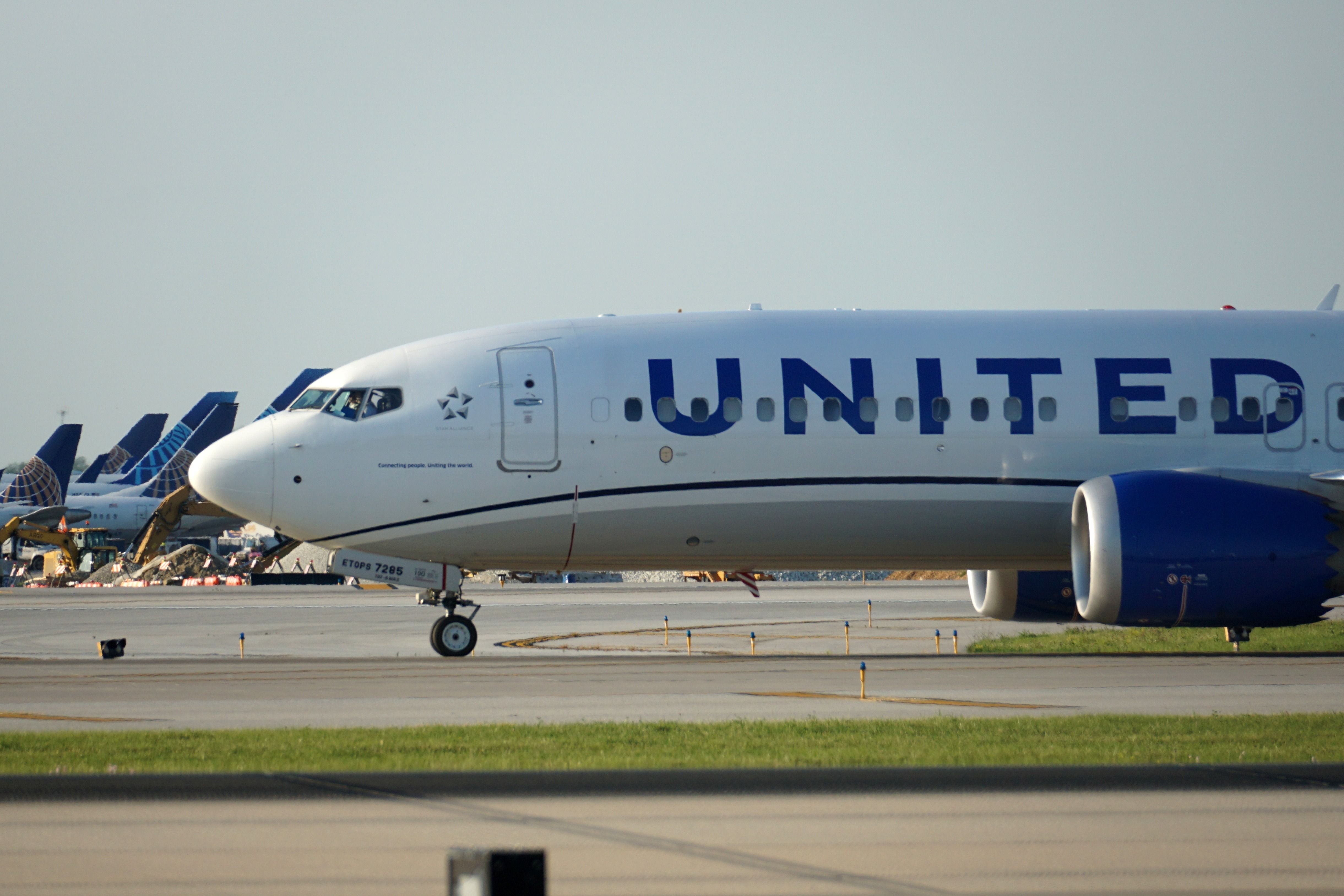 A closeup of the nose of a United Airlines Boeing 737.