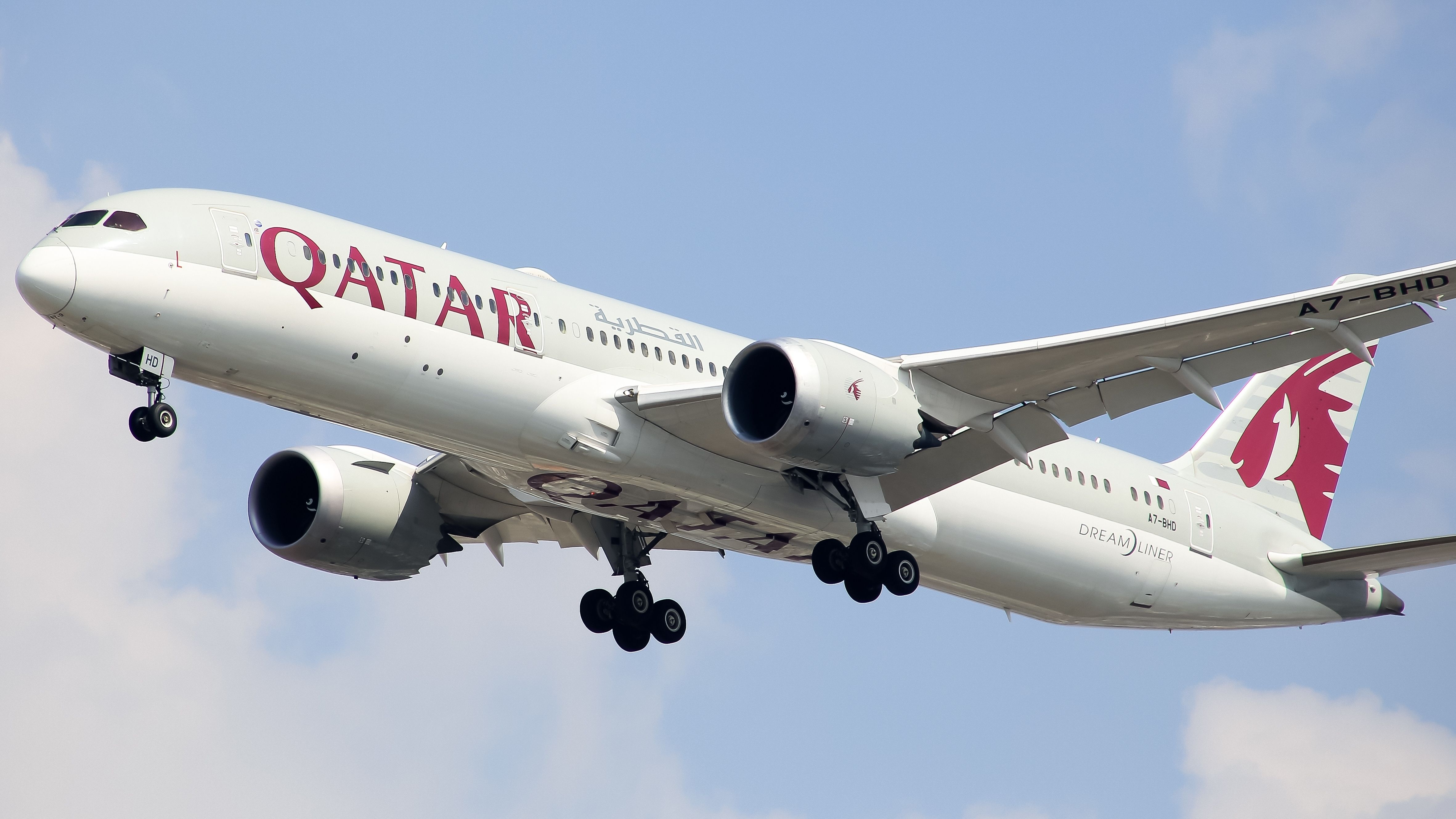 A Qatar Airways Boeing 787-9 Flying in the sky.