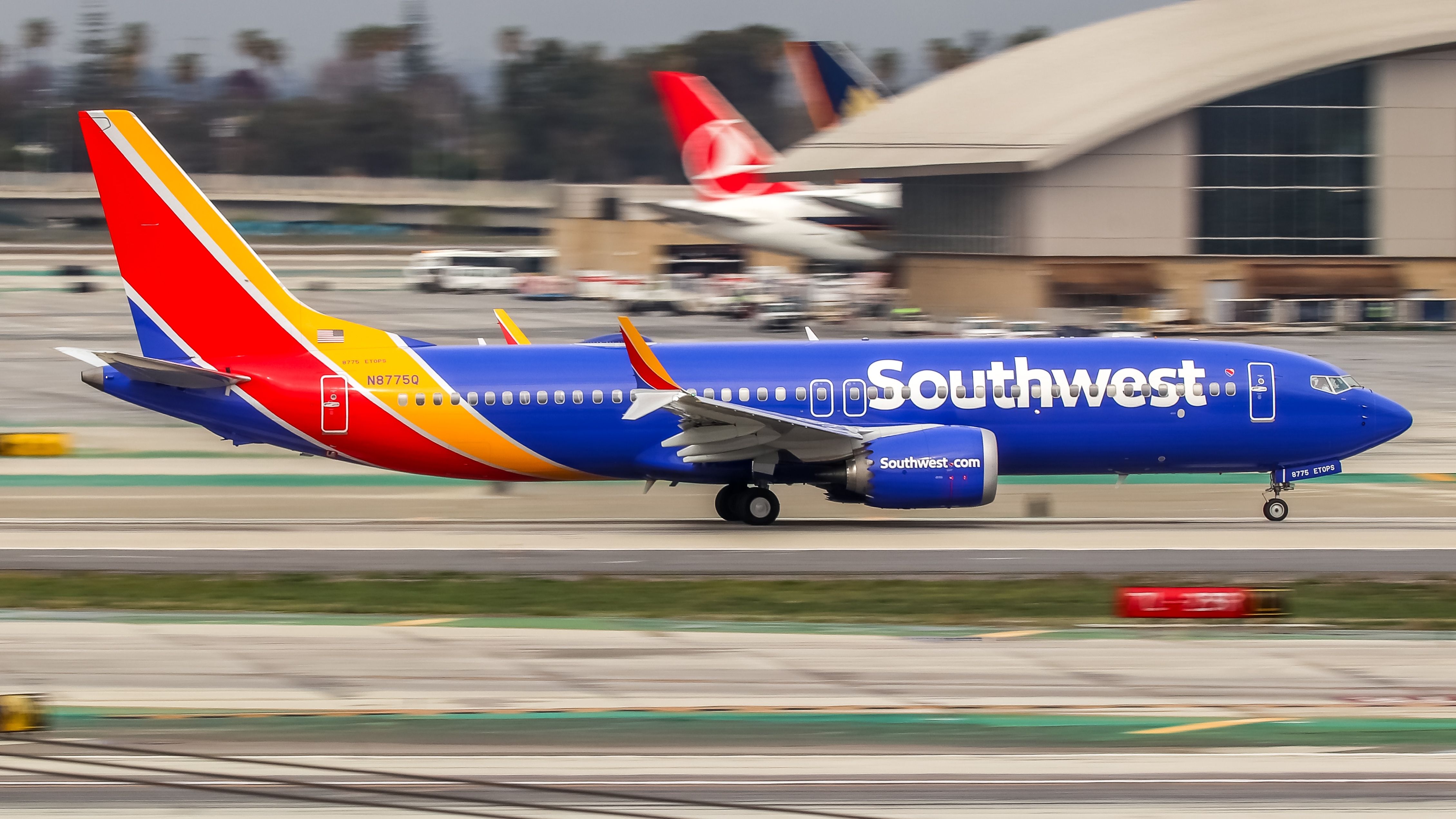 Southwest Airlines Boeing 737 MAX 8 departing Los Angeles International Airport LAX shutterstock_2239056635