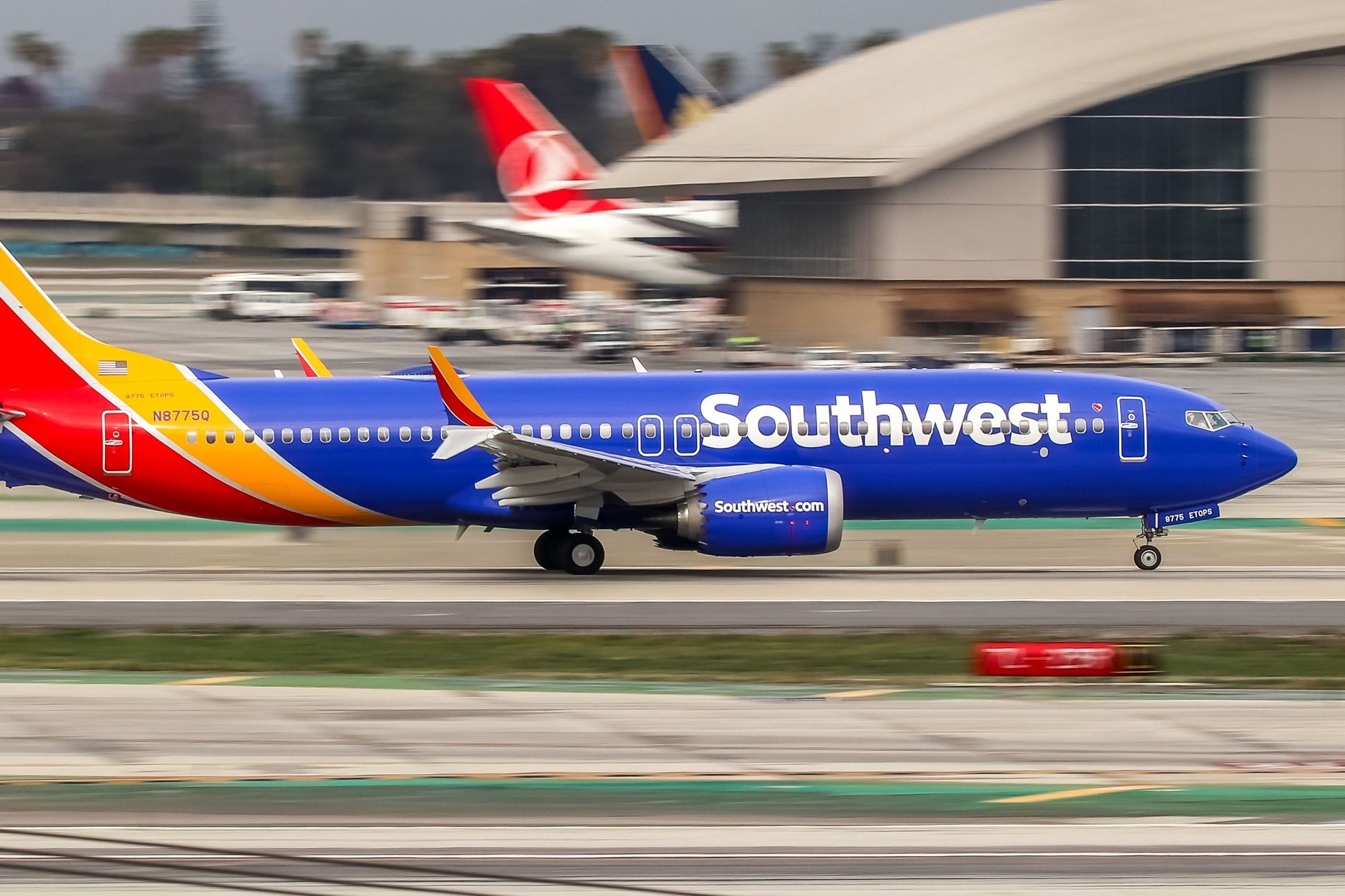 Southwest Airlines Boeing 737 MAX 8 departing Los Angeles International Airport LAX shutterstock_2239056635