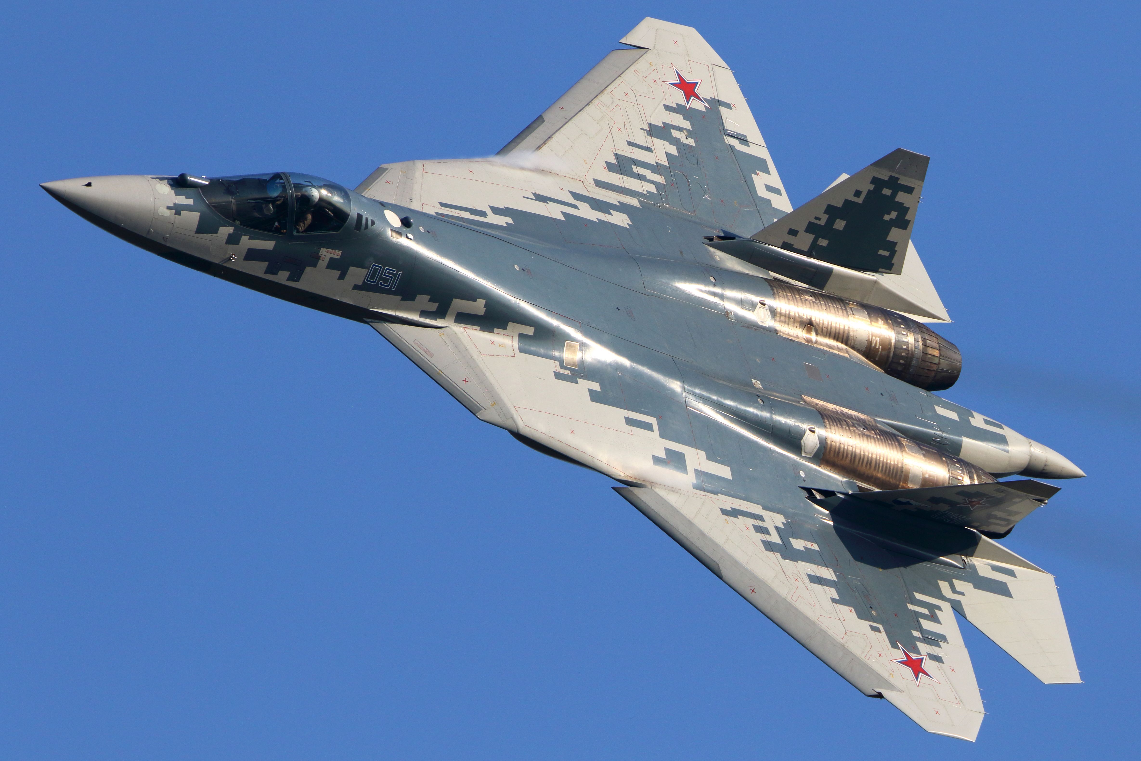 A Sukhoi Su-57 flying in the sky.