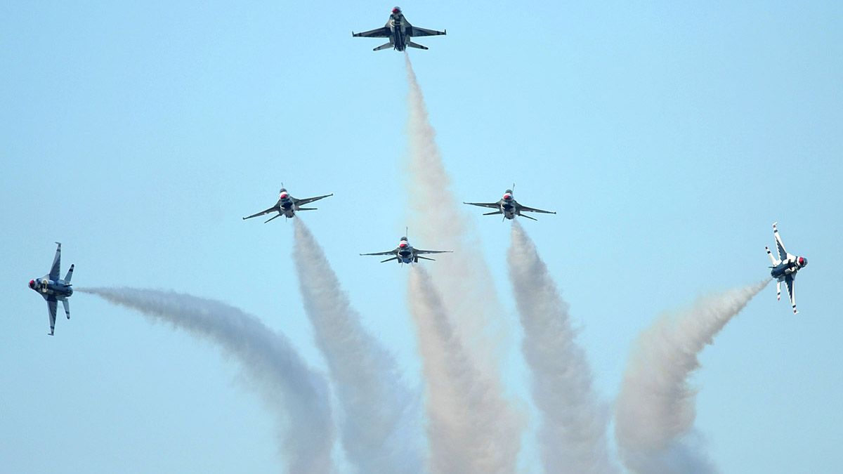 Six fighters being operated by the Thunderbirds aerial display group.