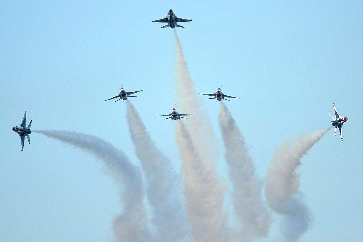 Six fighters being operated by the Thunderbirds aerial display group.