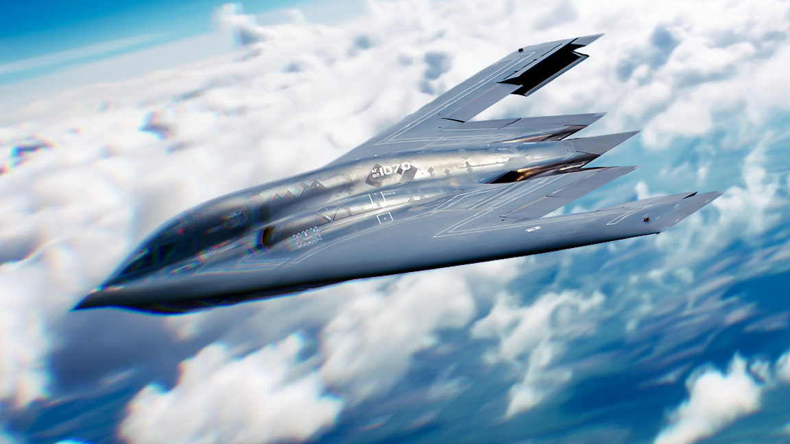 A Northrop Grumman B-2 Spirit flying above clouds.