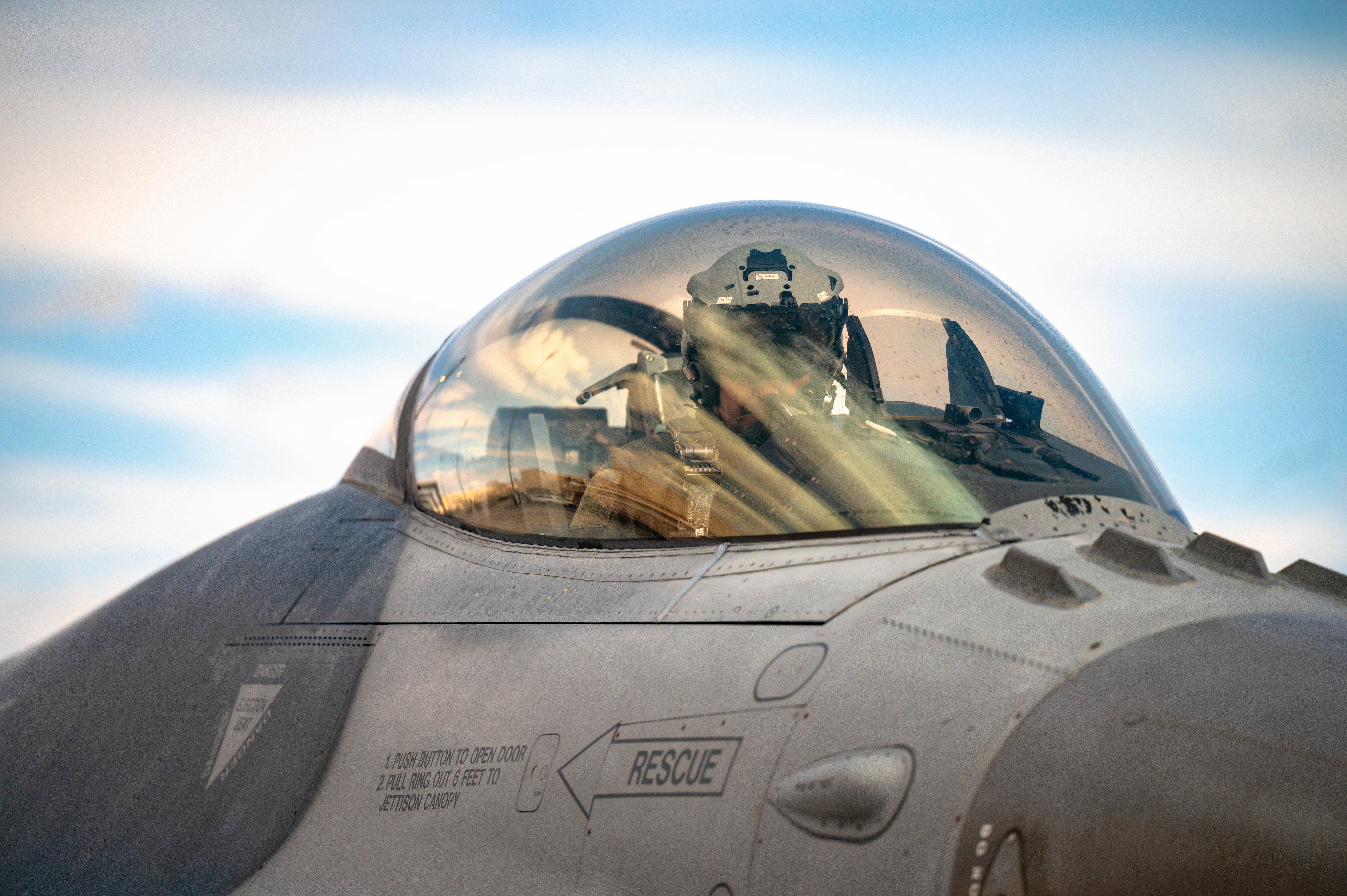 Lt. Col. Kiwedin Cornell, 57th Operations Group deputy commander, prepares to launch an F-16 Fighting Falcon 