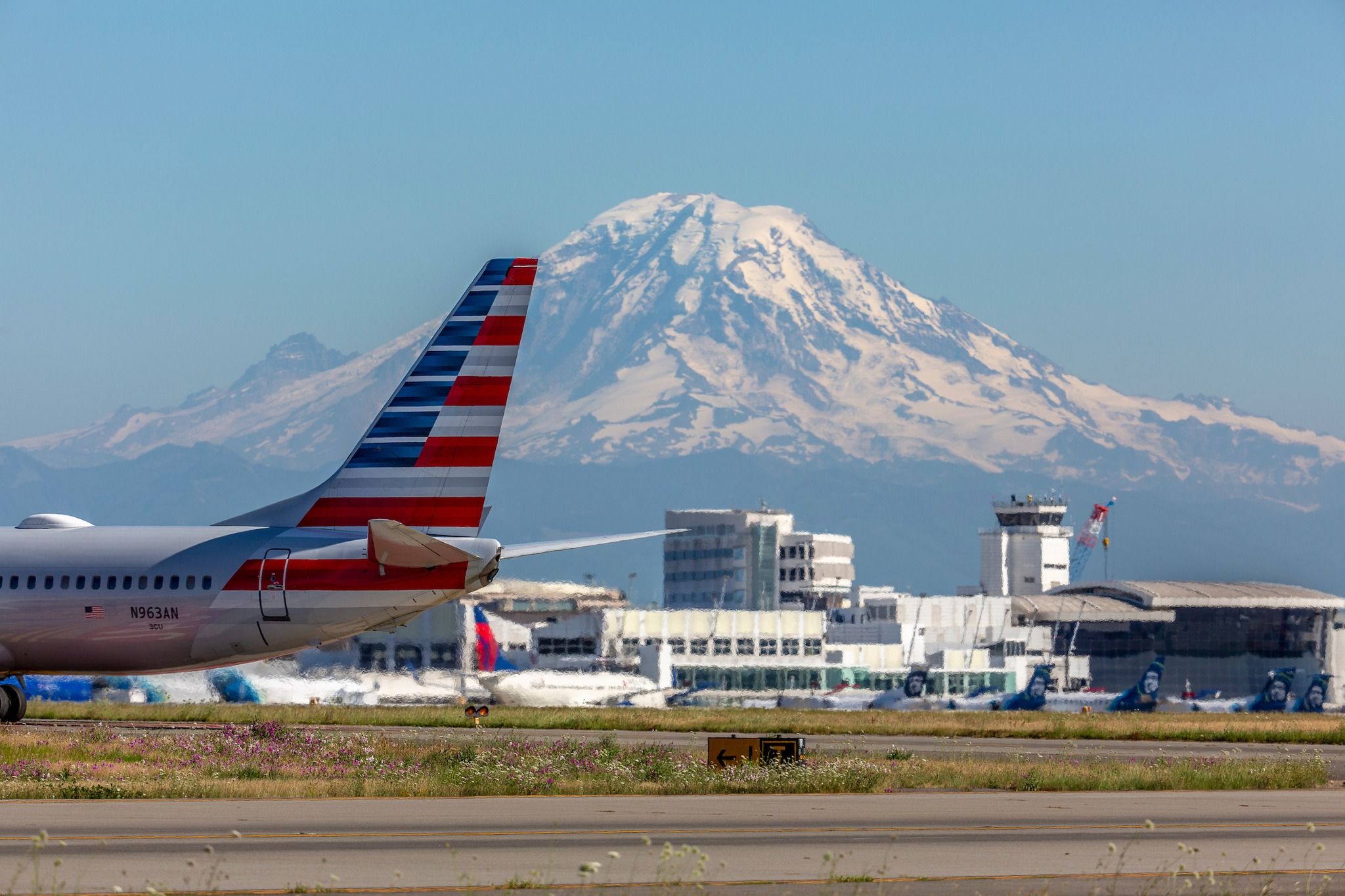 Seattle-Tacoma International Airport with Mt. Liner in the background.