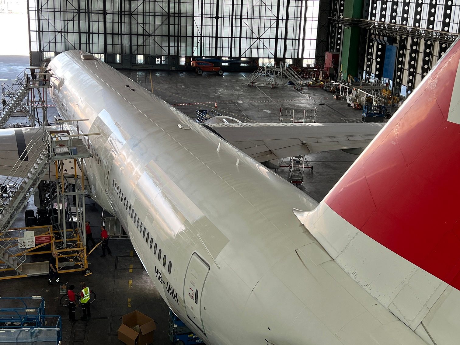 SWISS 777 being retrofitted with AeroSHARK technology.