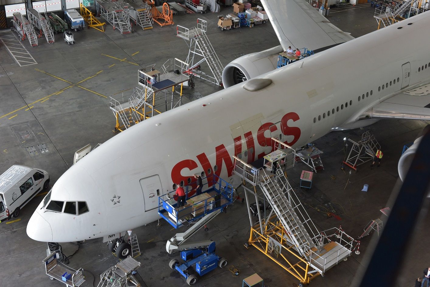 SWISS 777 being retrofitted with AeroSHARK technology.