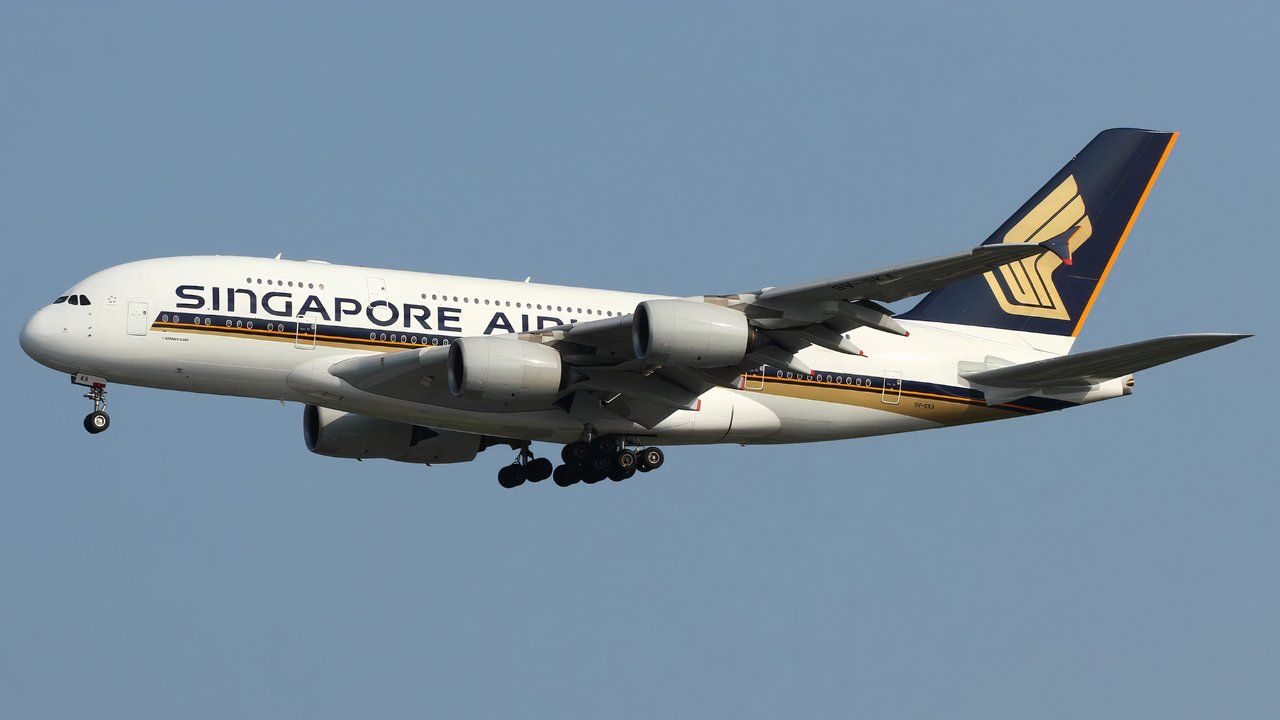 新加坡航空的空中巴士A380在天空中飛行。 (1)
