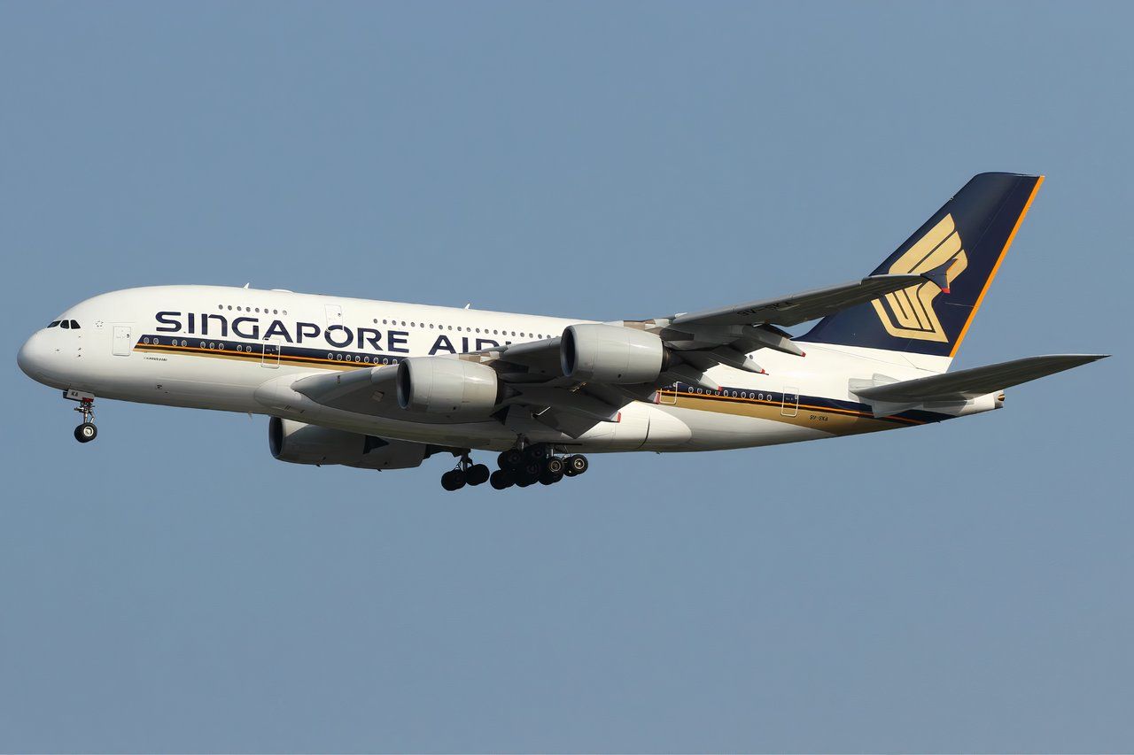 A Singapore Airlines Airbus A380 flying in the sky.
