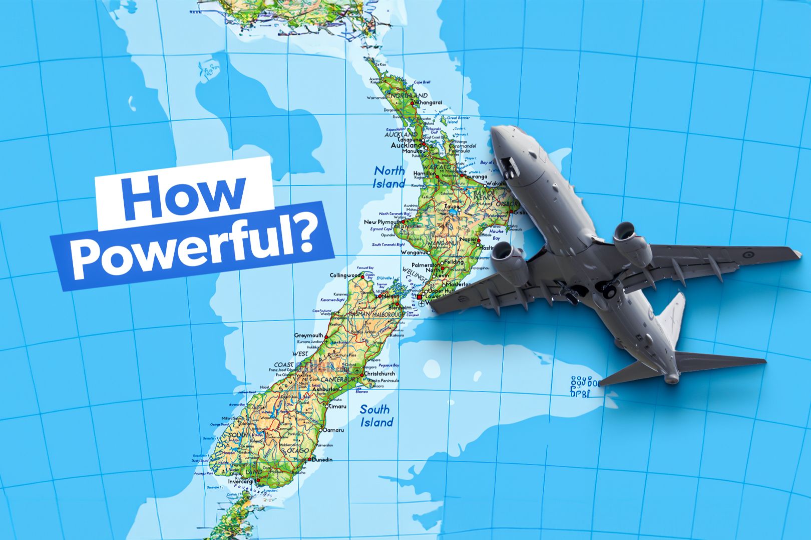 Map of New Zealand with NZRAF airplane