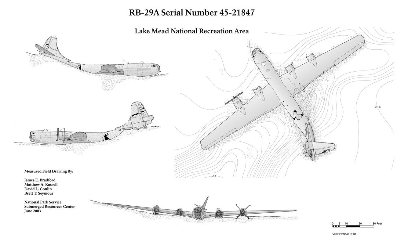 Sketches of the sunken B-29 Superfortress in Lake Mead
