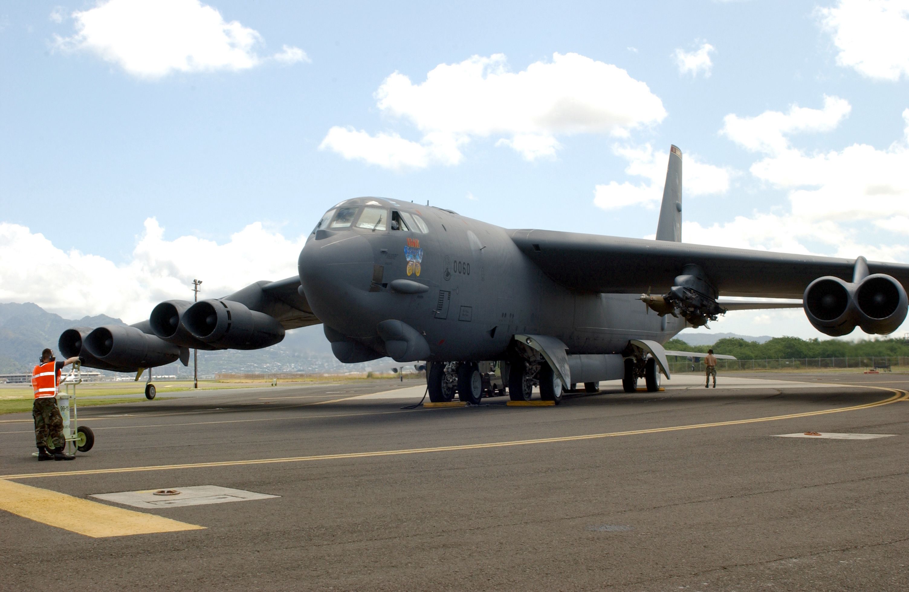 B-52 evacuates to Hawaii from Andersen AFB, Guam during a typhoon.