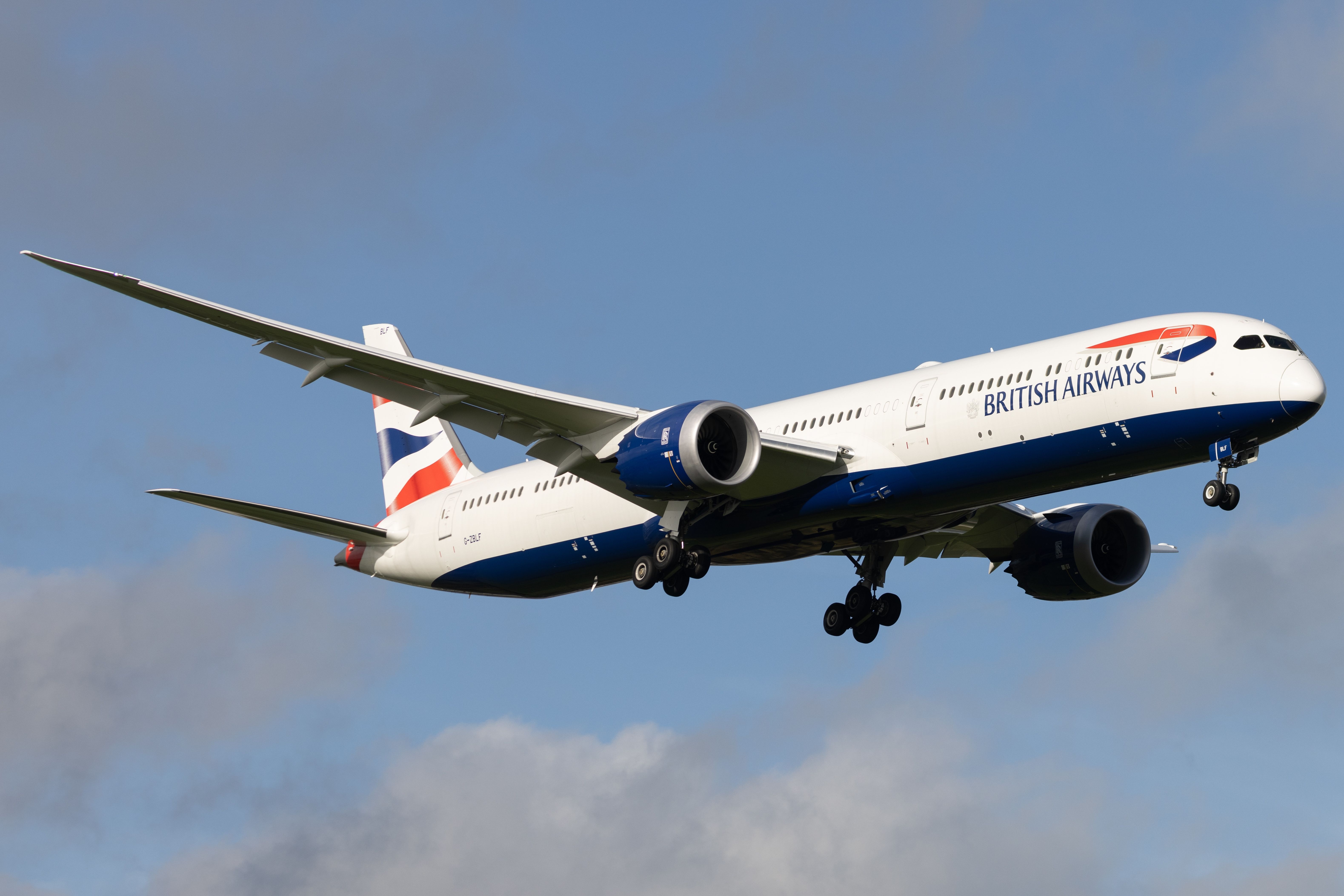 British Airways Boeing 787 landing at London Heathrow Airport (LHR) shutterstock_2368783705
