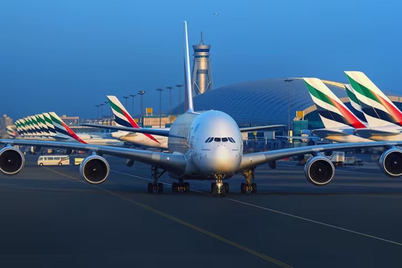 Emirates A380 taxiing at Dubai International Airport (thumbnail)