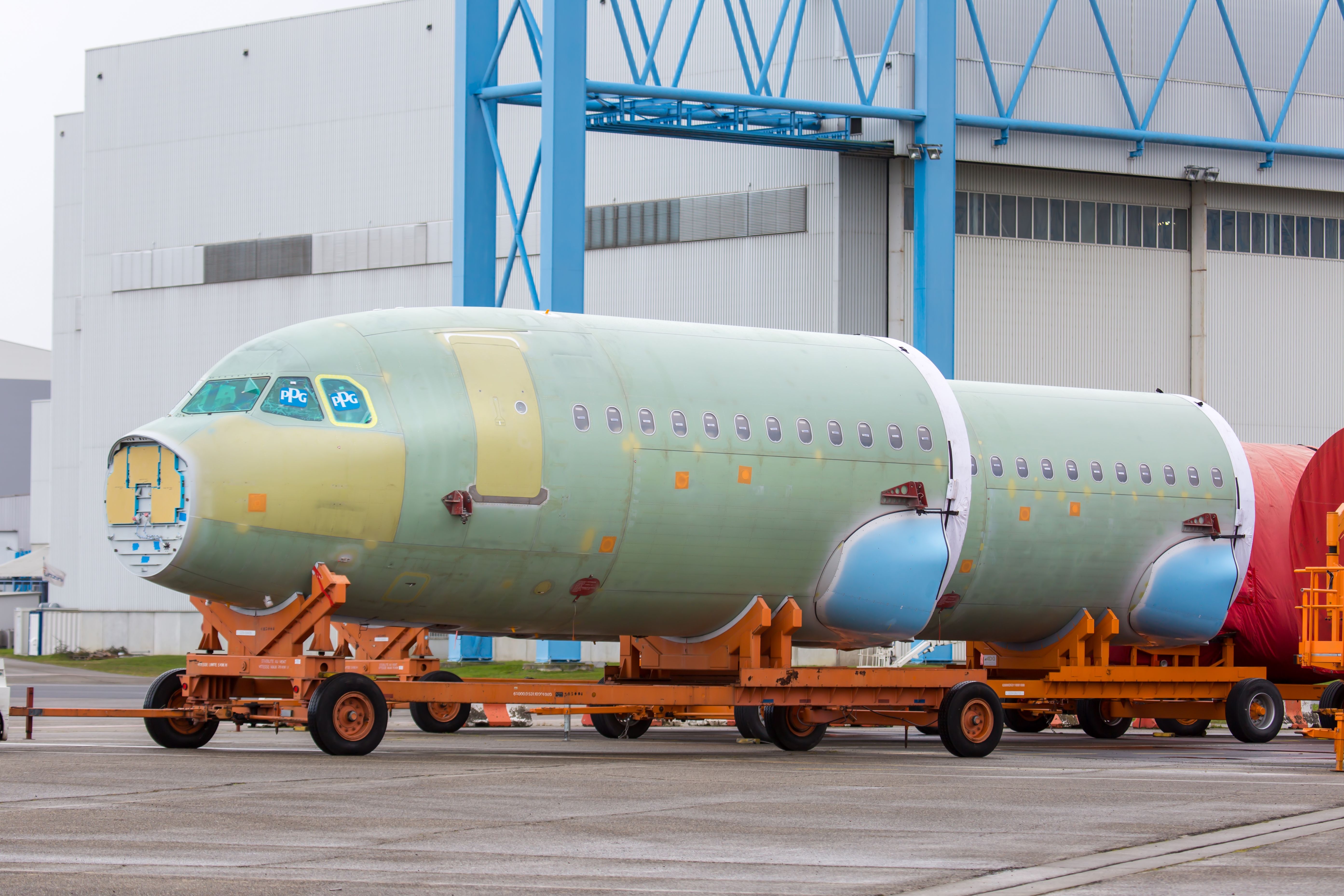 Front fuselage sections of the Airbus A320neo in Toulouse shutterstock_2120775656