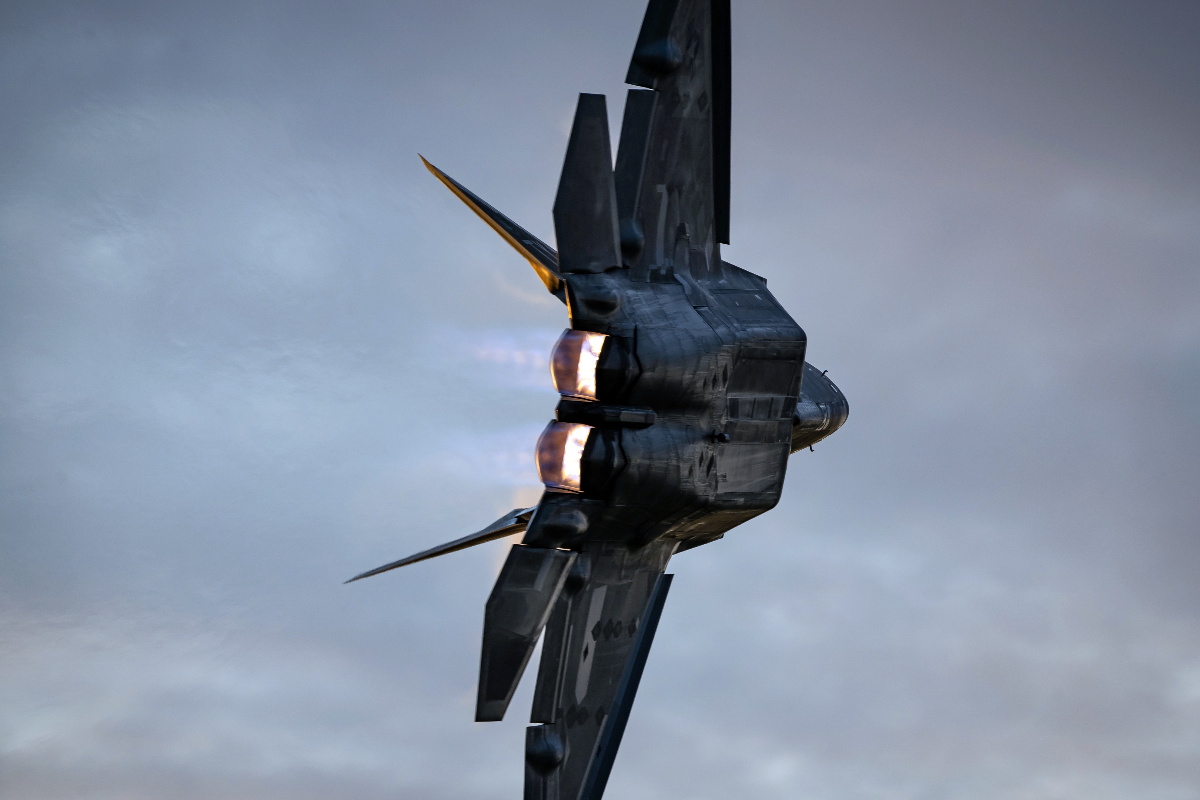 F-22 Raptor in flight from behind