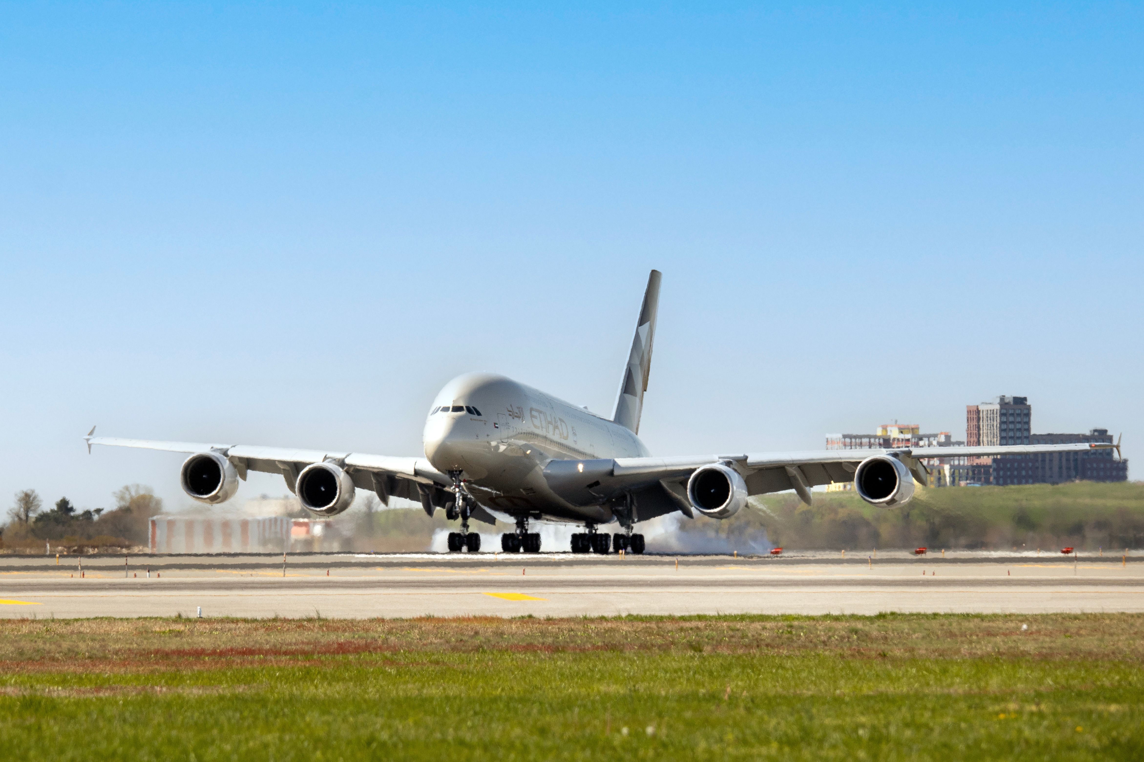 An Etihad Airbus A380 lands at New York's JFK airport