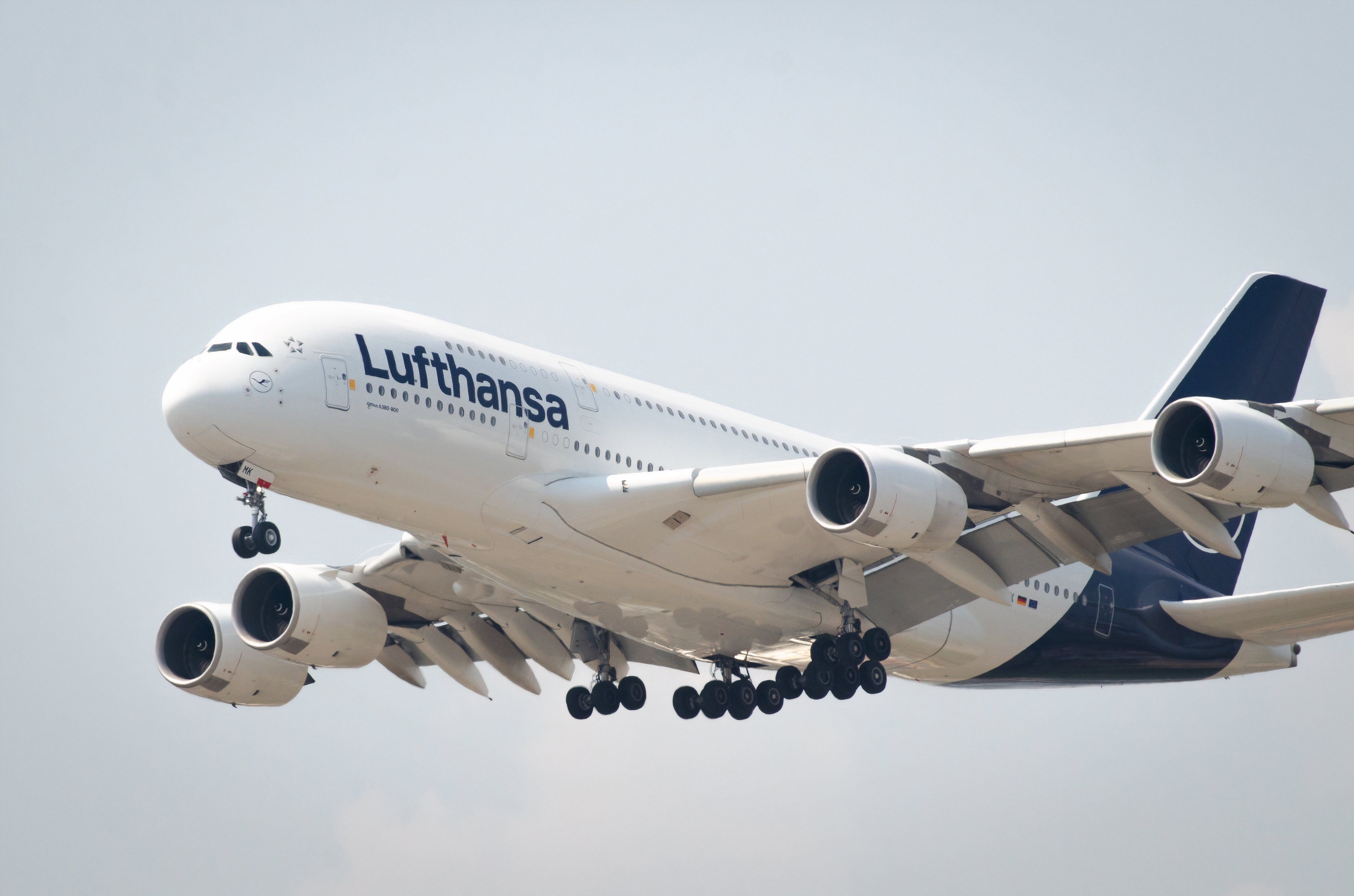 Lufthansa A380 on final approach shutterstock_2433149763