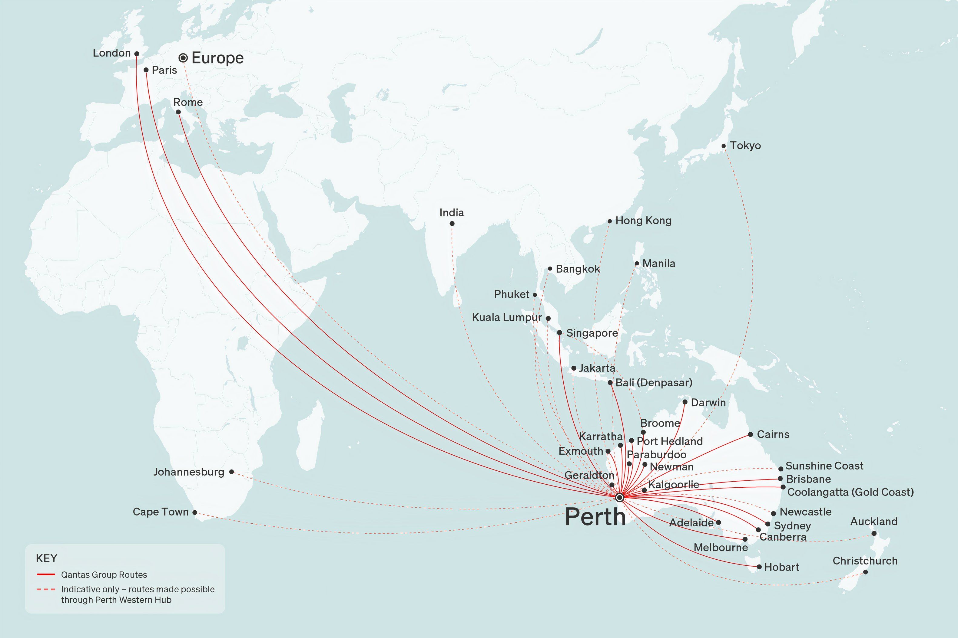 Qantas Perth Airport Route possibilities from the Western Hub (indicative only)