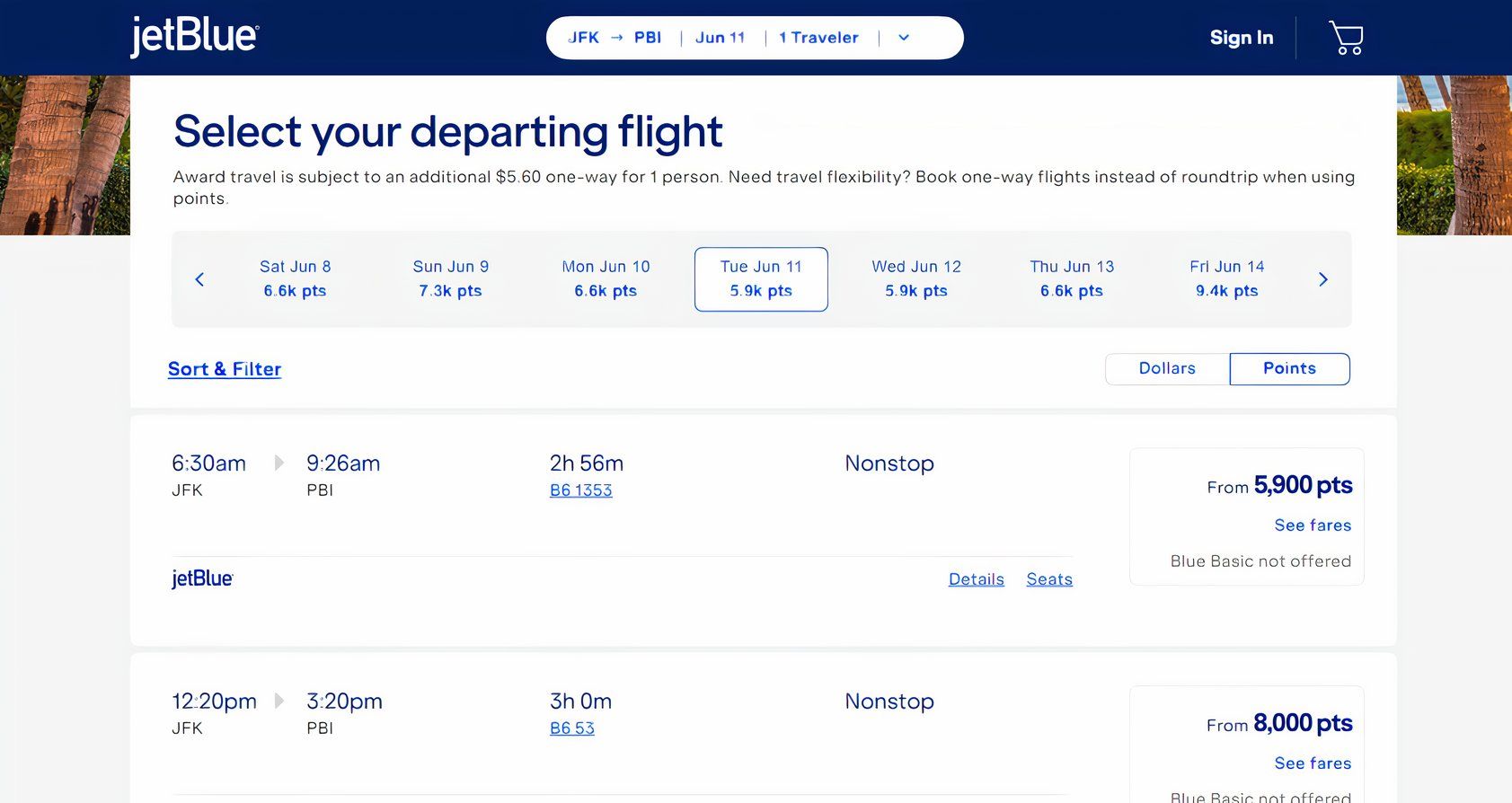 Booking a JetBlue flight with points