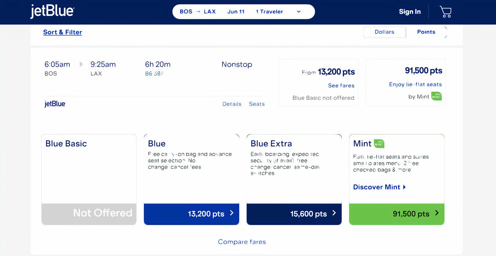 Booking a JetBlue flight with points