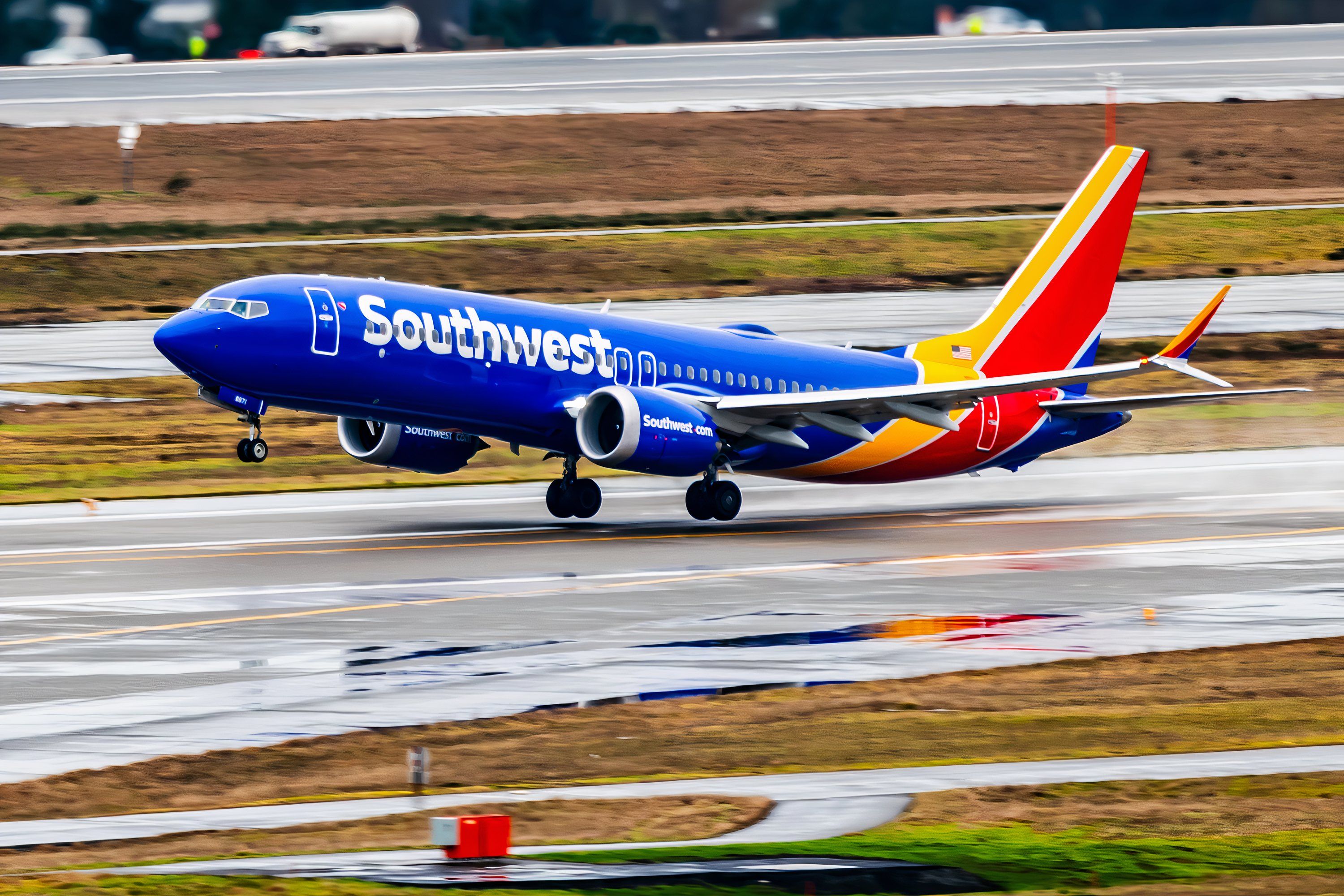 Looking Down on Rising Southwest Airlines 737-8 MAX Rising From Wet SEA Runway - 4x6