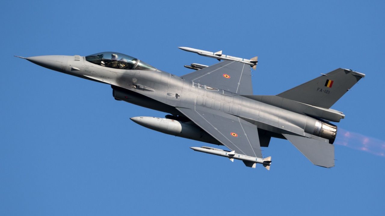 Belgian Air Force F-16 fighter jet plane taking off during NATO exercise Frisian Flag