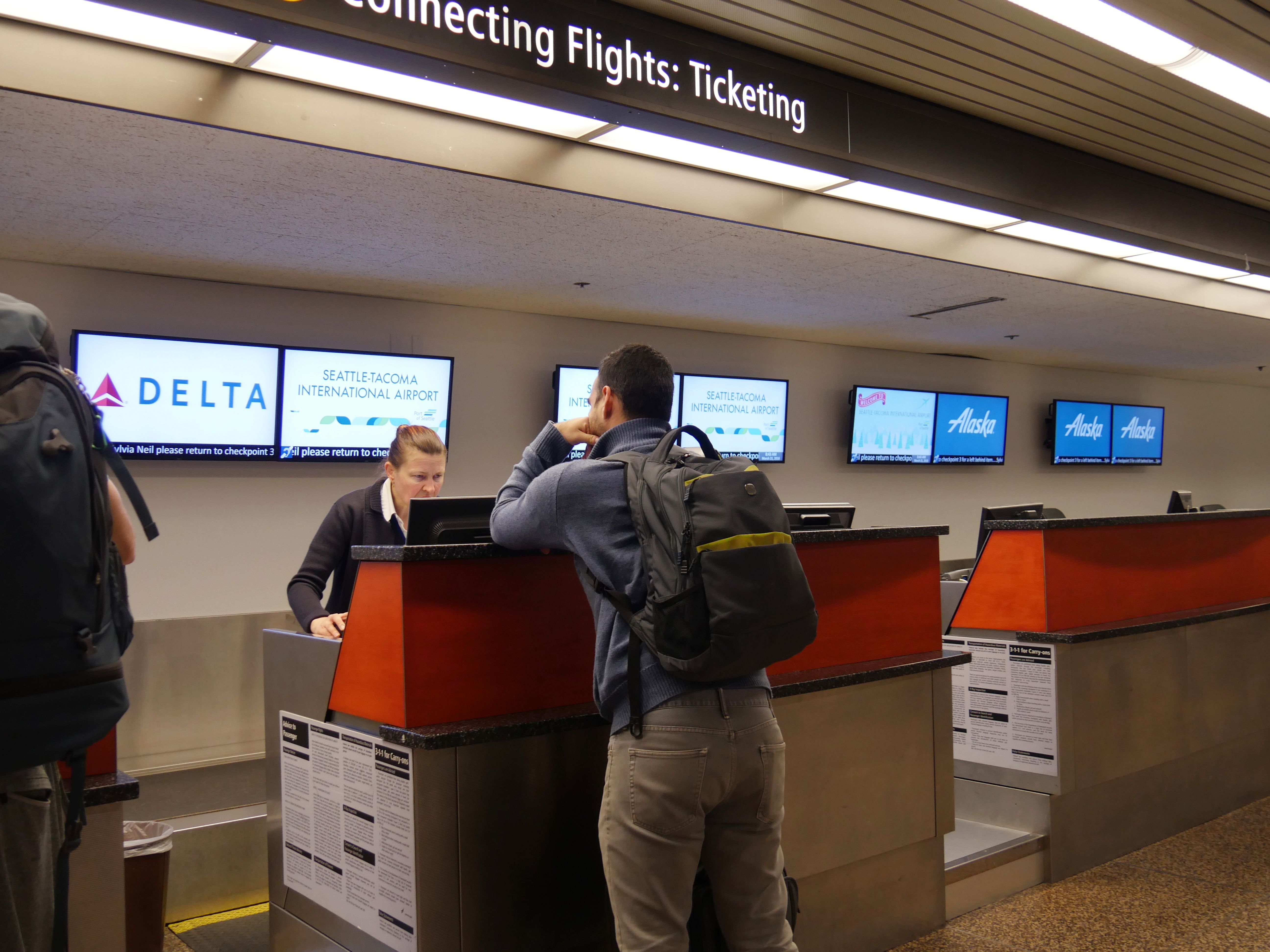 Airline check in counters at Seattle-Tacoma International Airport.