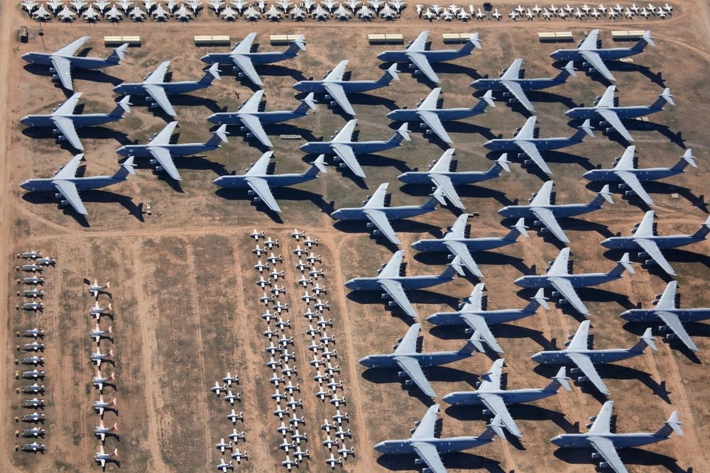 Retired aircrafts parking in the aircraft boneyard in Davis-Monthan Air Force Base