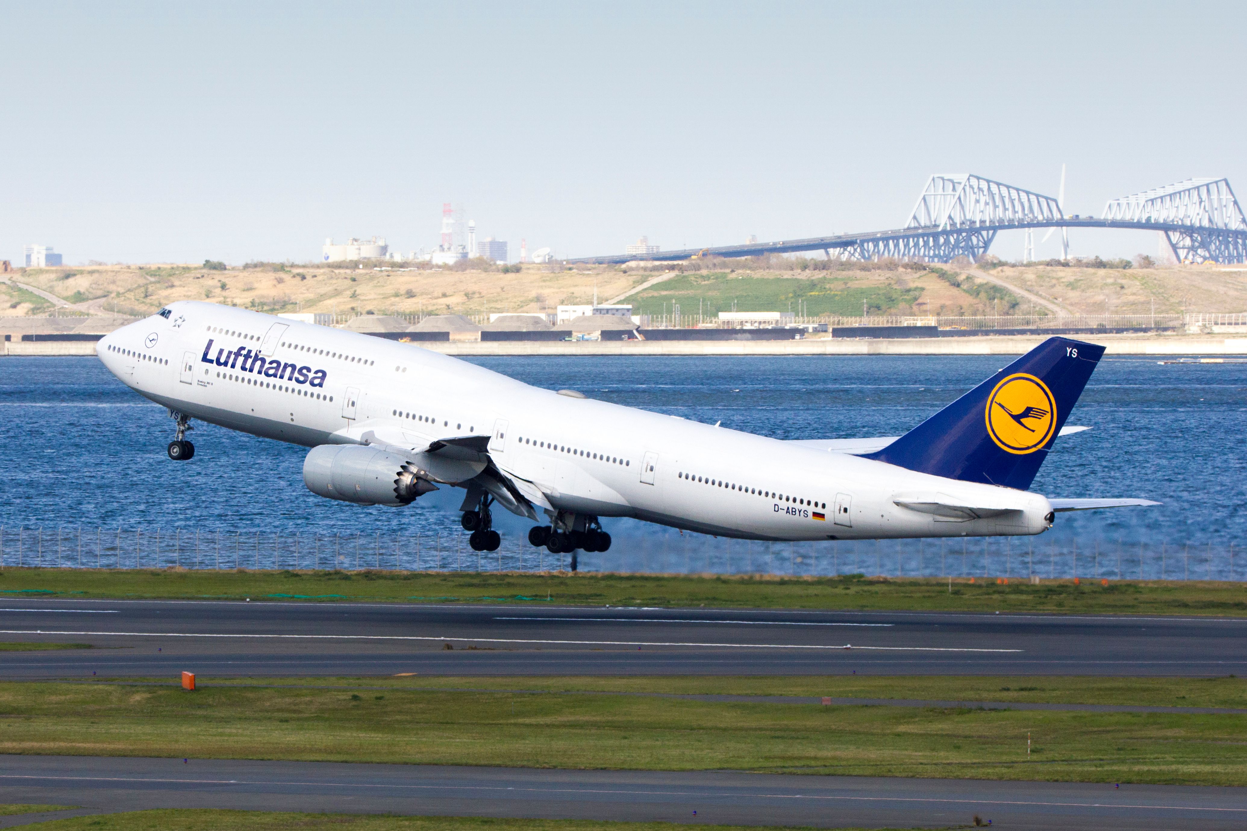 TOKYO JAPAN / APR 15 2019 / Lufthansa Boeing 747-8i take off from Tokyo Haneda airport.