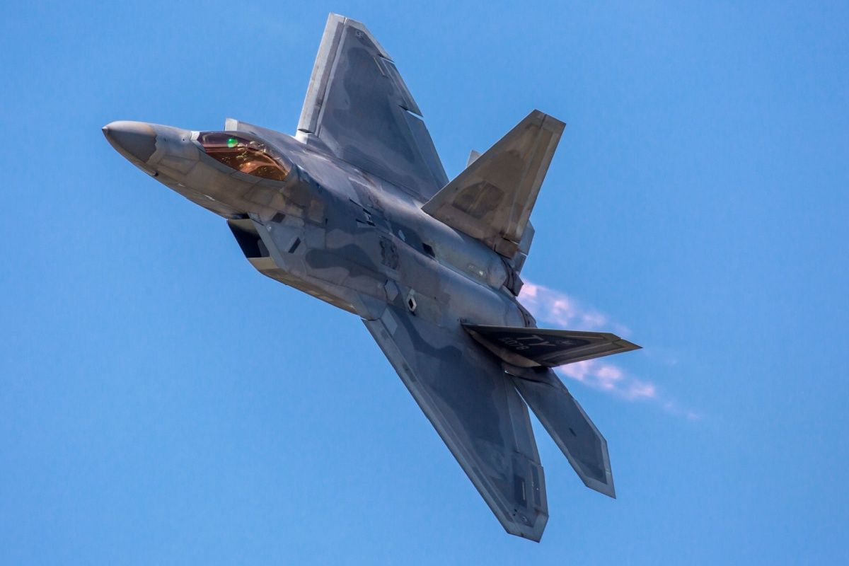 A United States Air Force F-22 Raptor performs flybys