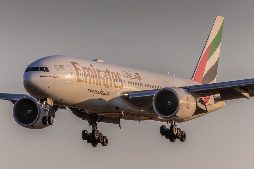 Boeing 777-200LR of Emirates landing at PRG Airport in Prague