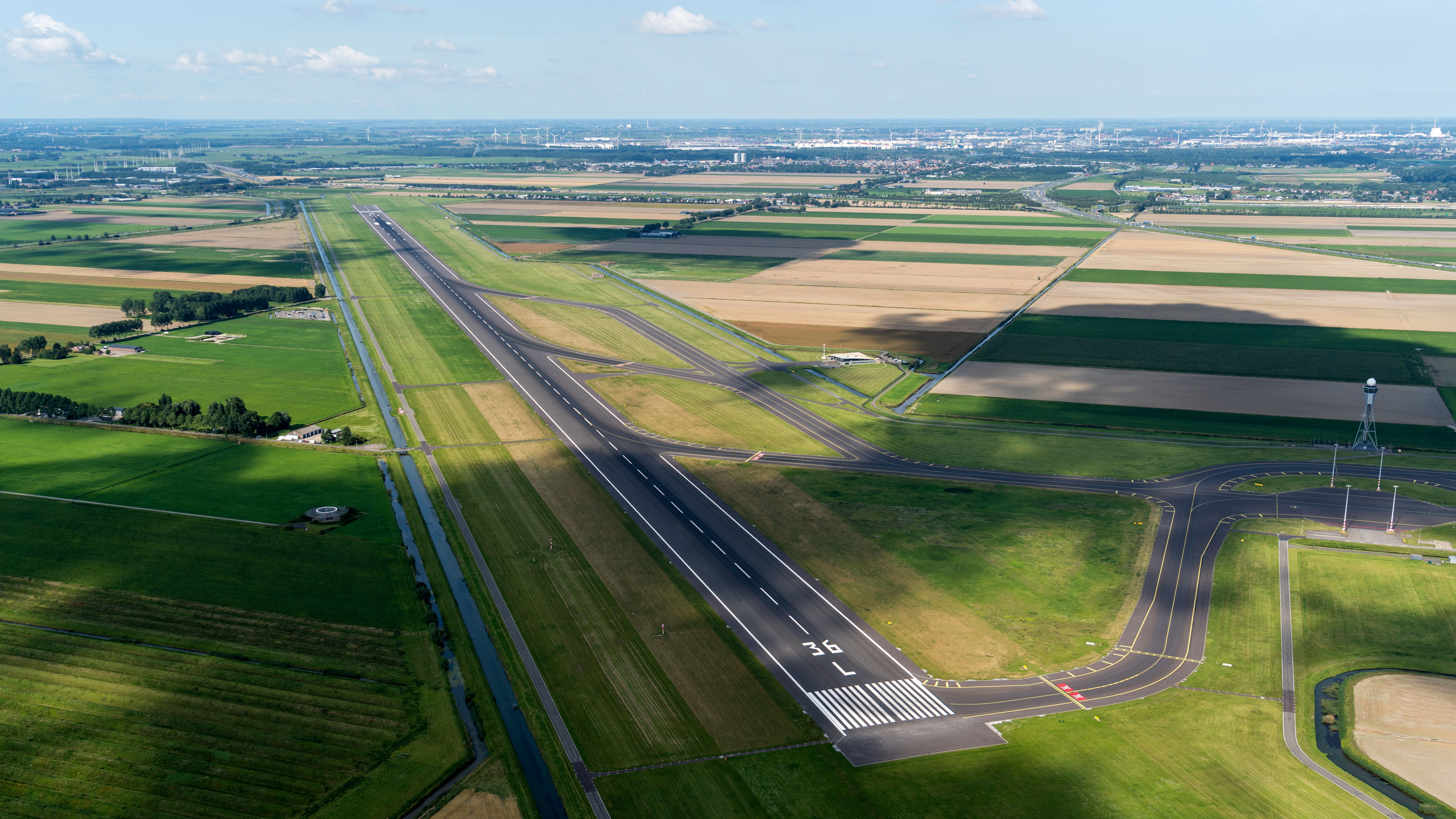 Aerial view of the runway of Amsterdam Airport Schiphol Polderbaan