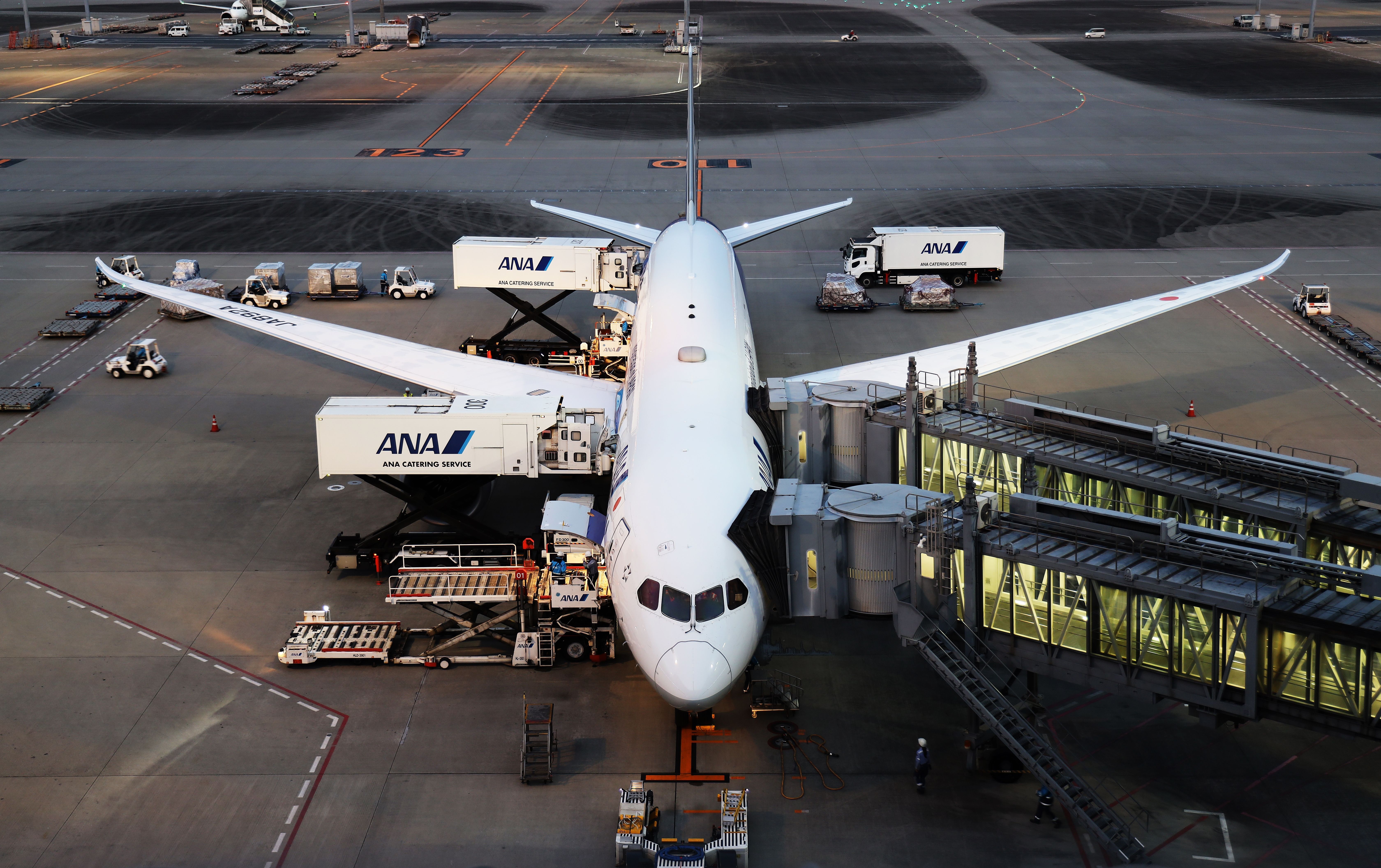 A boeing 787 parked at a parking stand