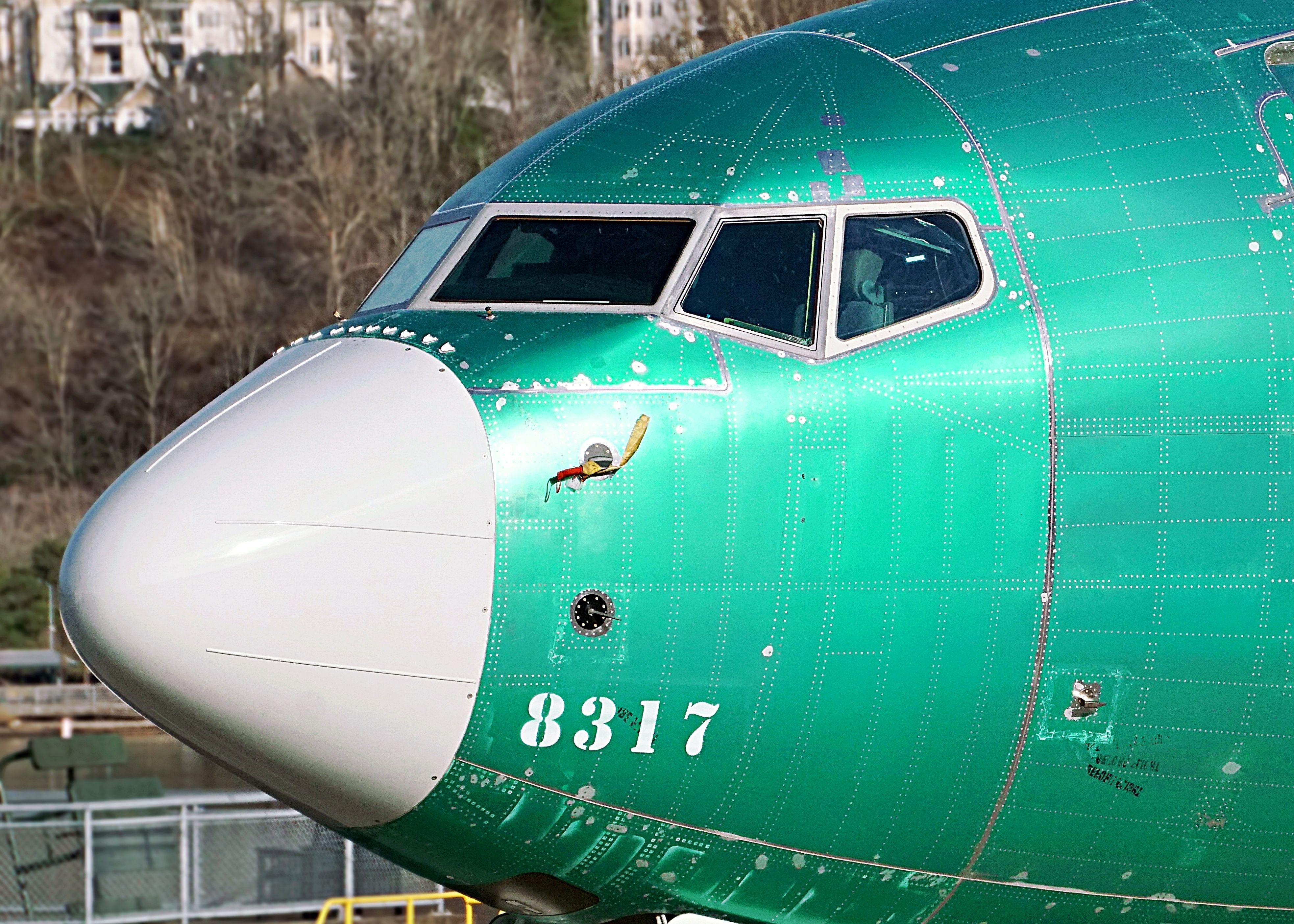 Renton, Washington USA - Jan 30th, 2023: A recently-built Boeing 737 MAX sits outside the Boeing factory ahead of painting and delivery