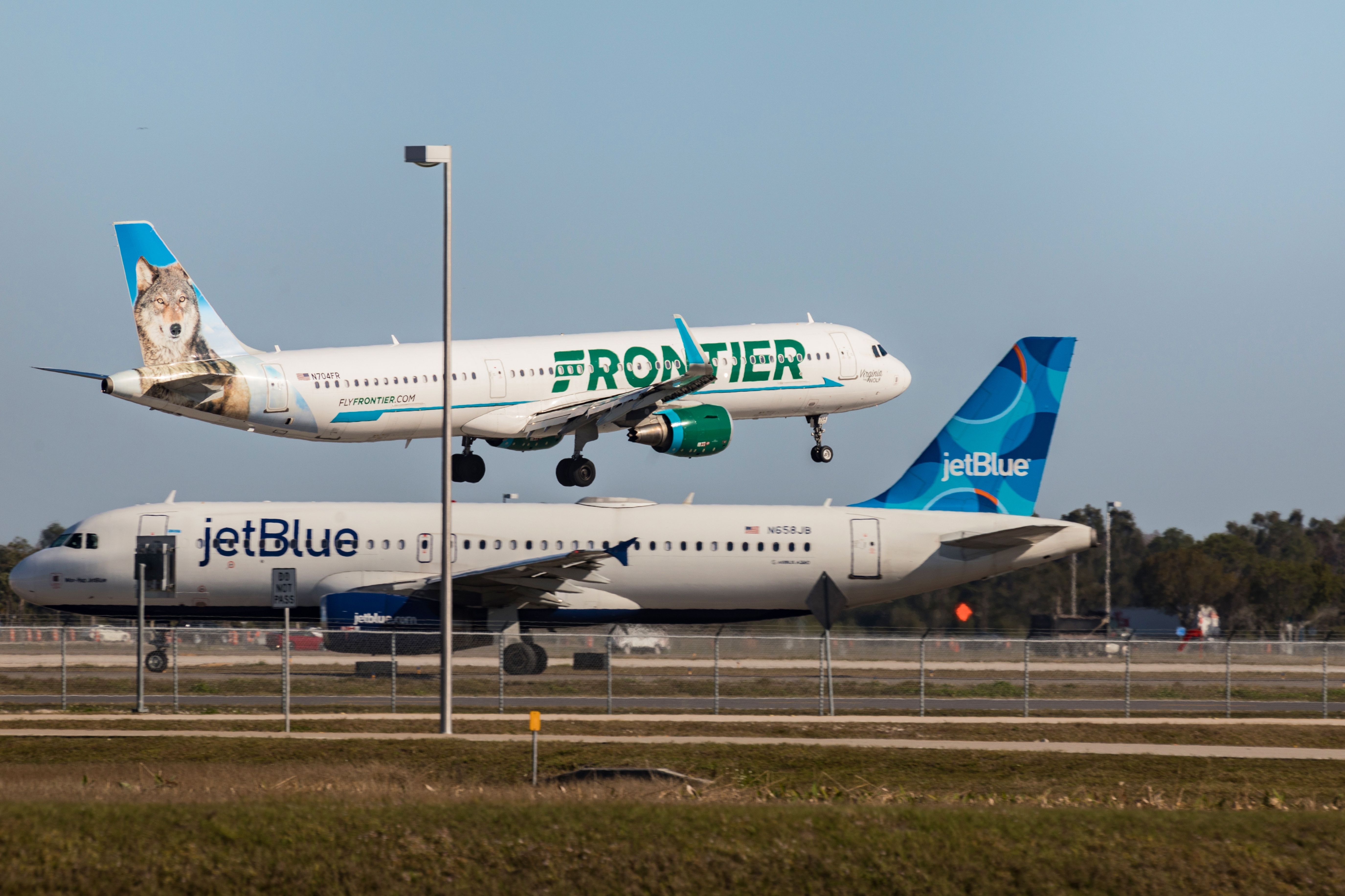 A Frontier Airbus A321-21 (Virginia the Wolf Livery) landing at Southwest Florida International Airport (RSW) is passed by a JetBlue Airways Airbus A320-232.
