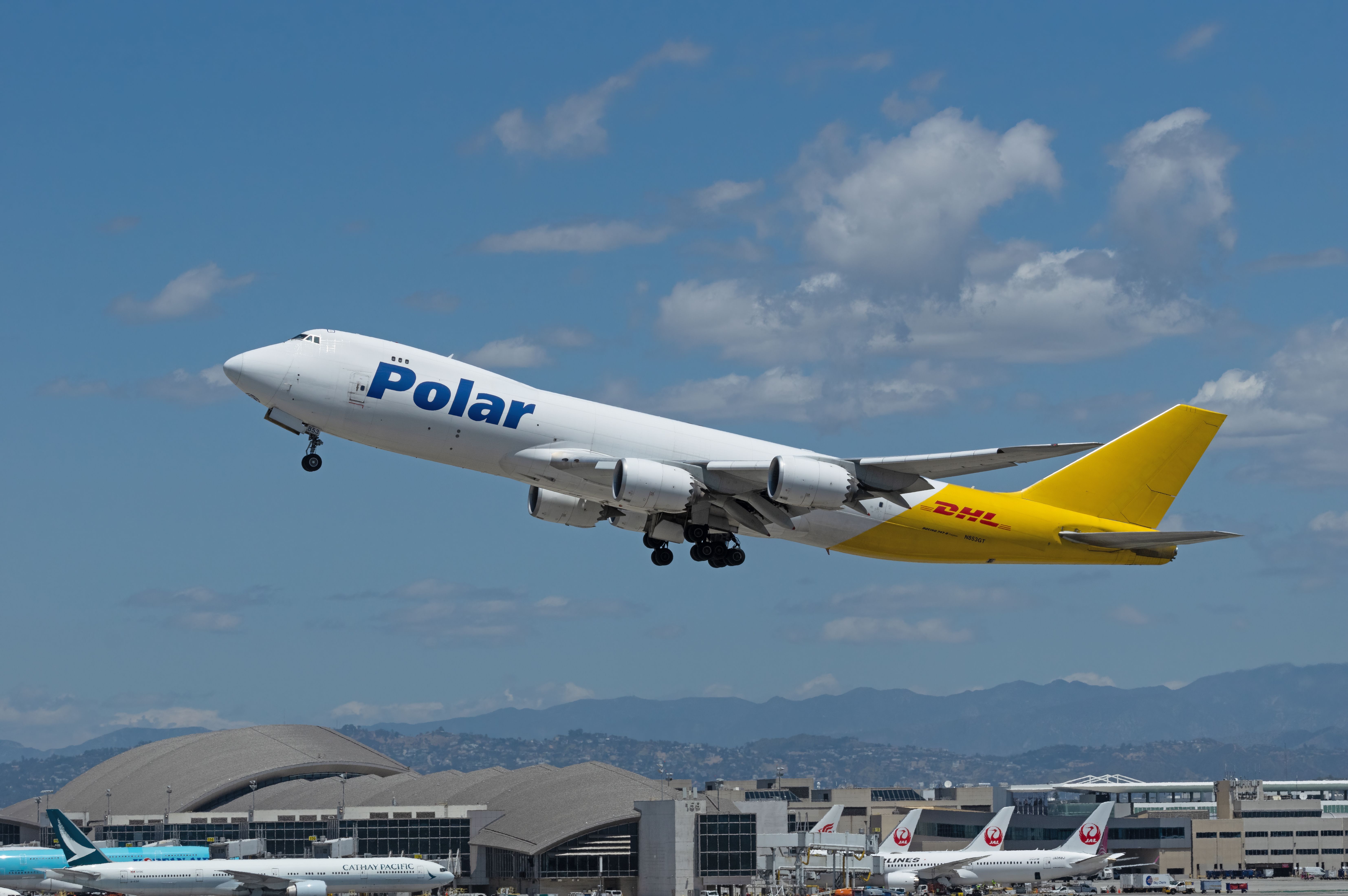 Polar Air Cargo Boeing 747-8F taking off from Los Angeles International Airport.