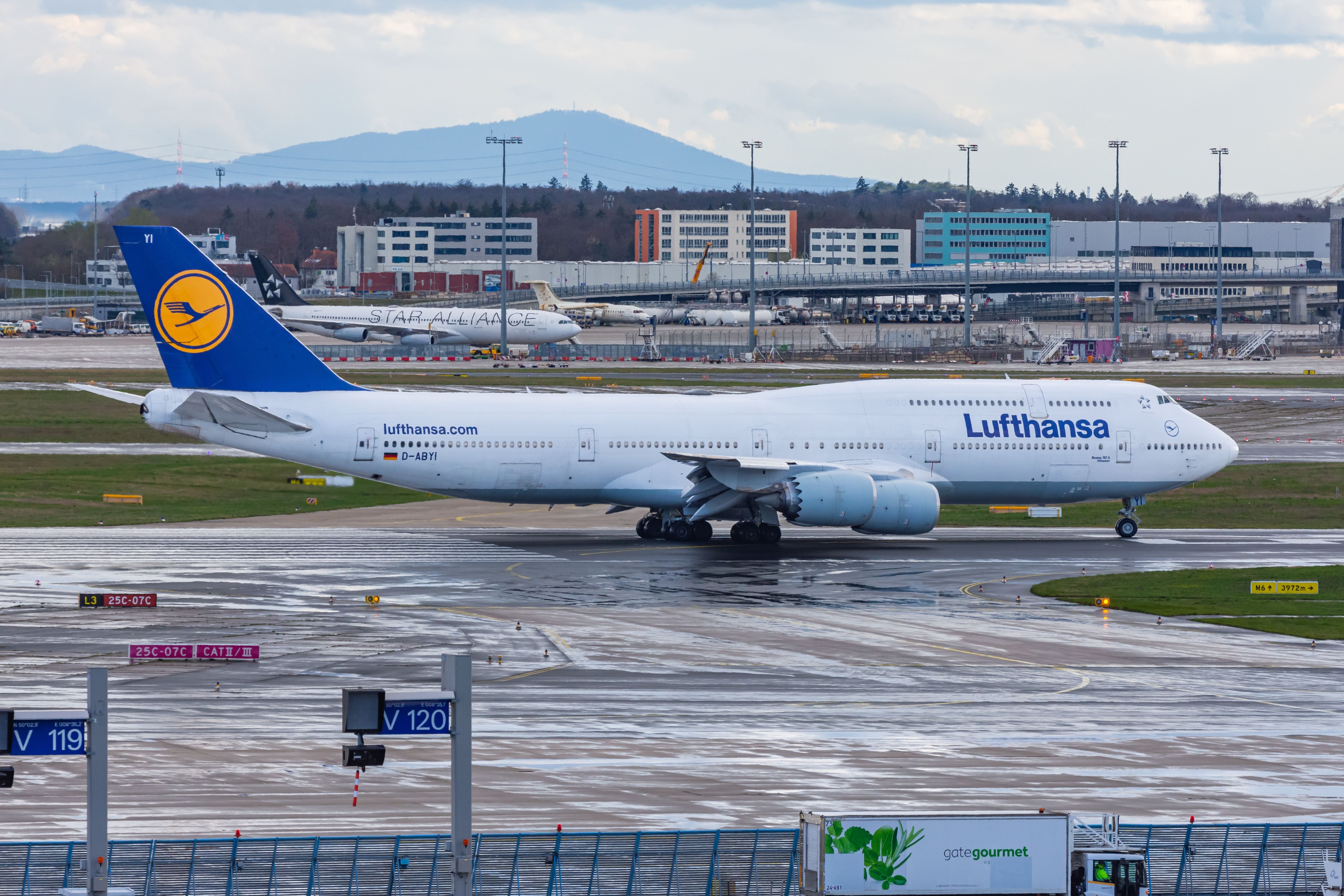 Frankfurt, Hessen, Germany - March 23, 2024: Lufthansa Boeing 747-8i Queen of the skies is lining up on runway for departure at Frankfurt International Airport.