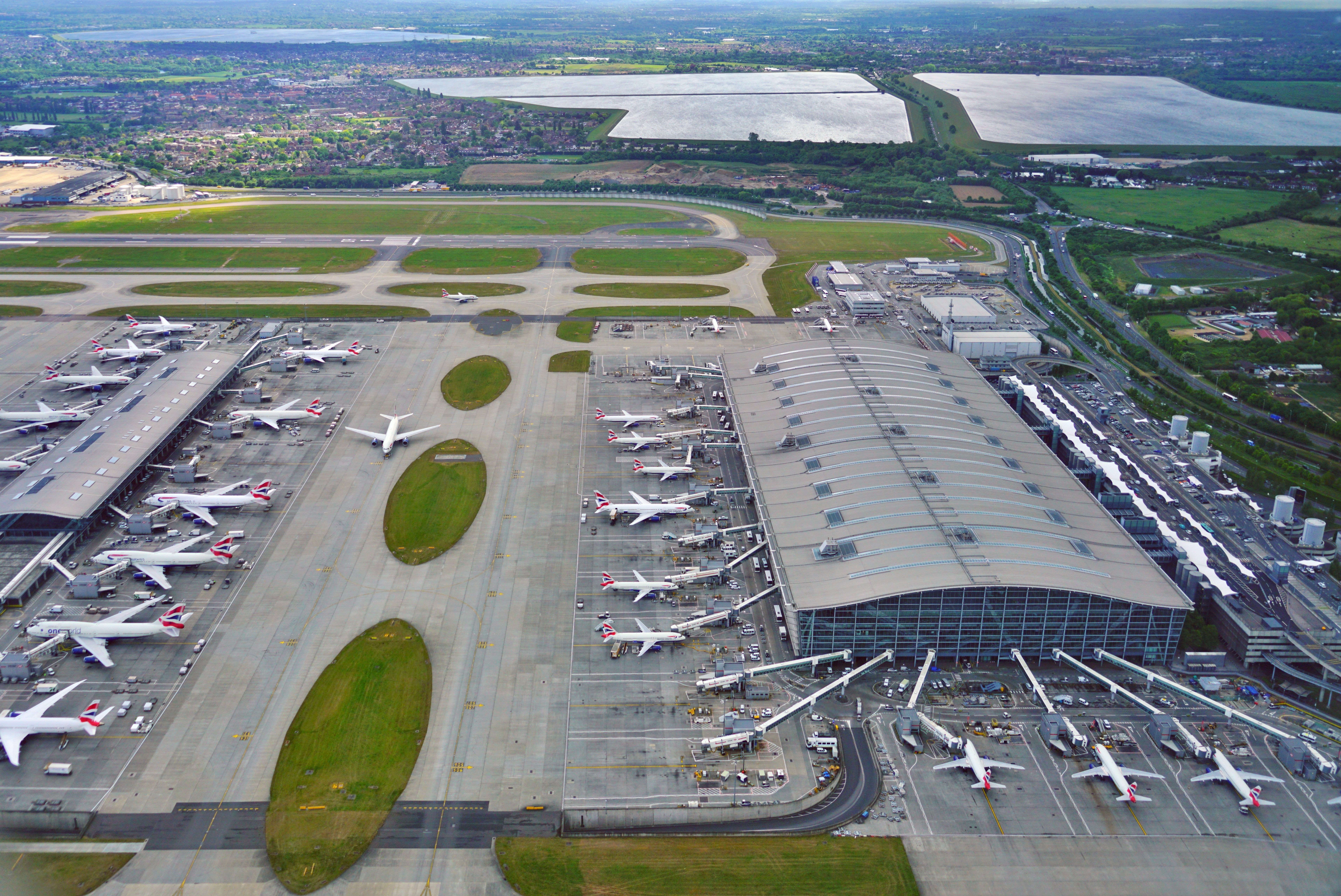 View of airplanes from British Airways (BA) at the T5 Terminal 5 at London Heathrow Airport (LHR