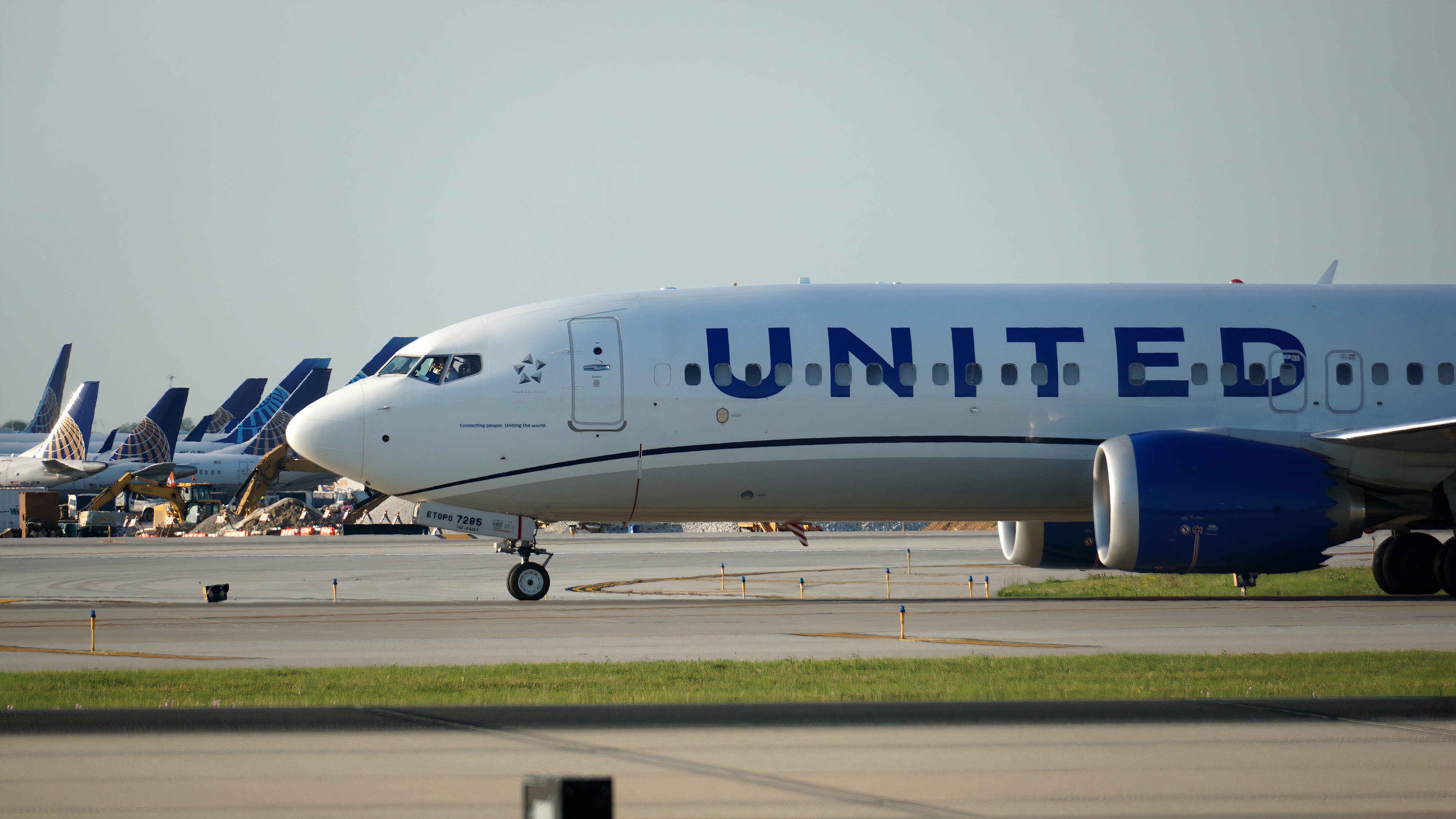 United Airlines Boeing 737 MAX 8 taxiing at Chicago O'Hare International Airport ORD shutterstock_2347230081