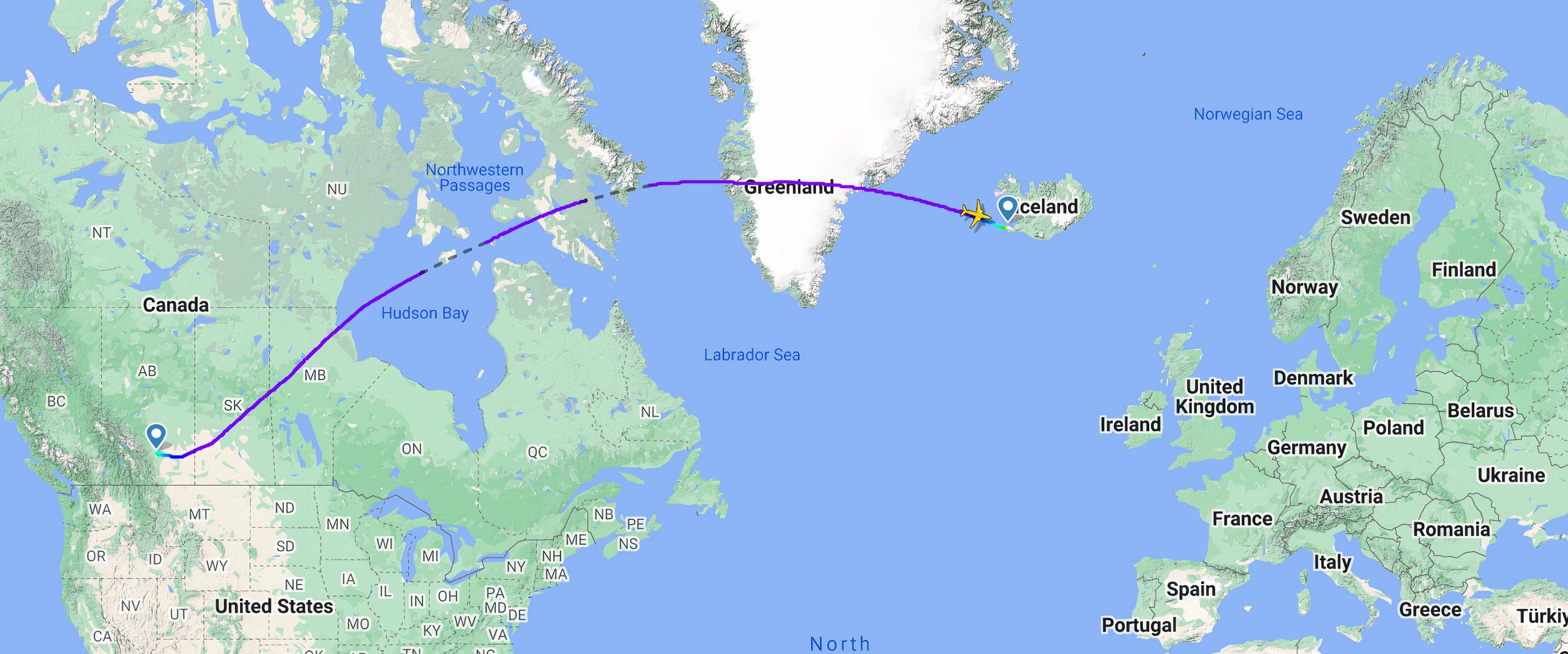 WestJet Calgary Reykjavik Flight Map