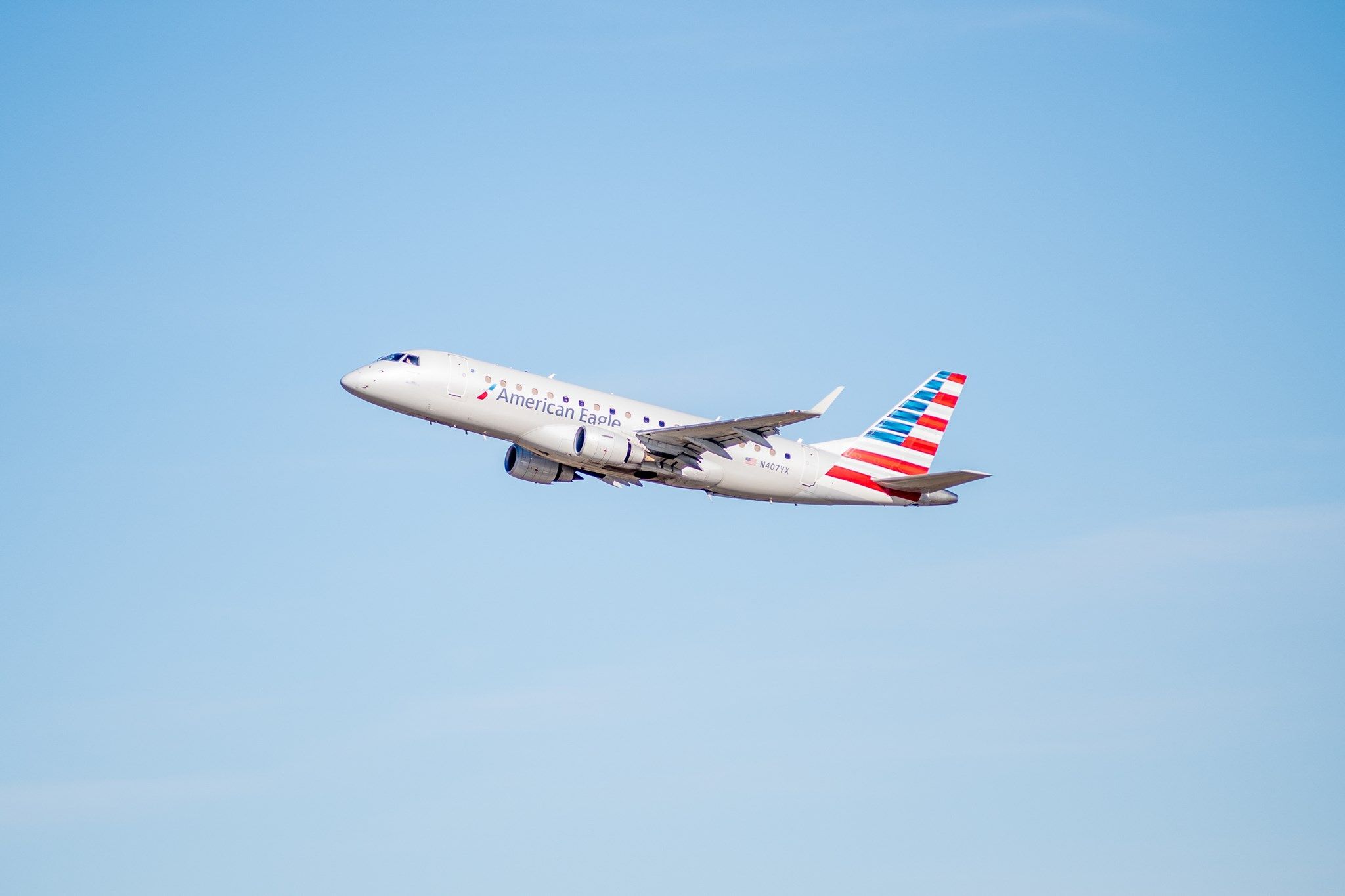 American Eagle Embraer E175 (Republic Airways) N407YX taking off from Raleigh-Durham International Airport.