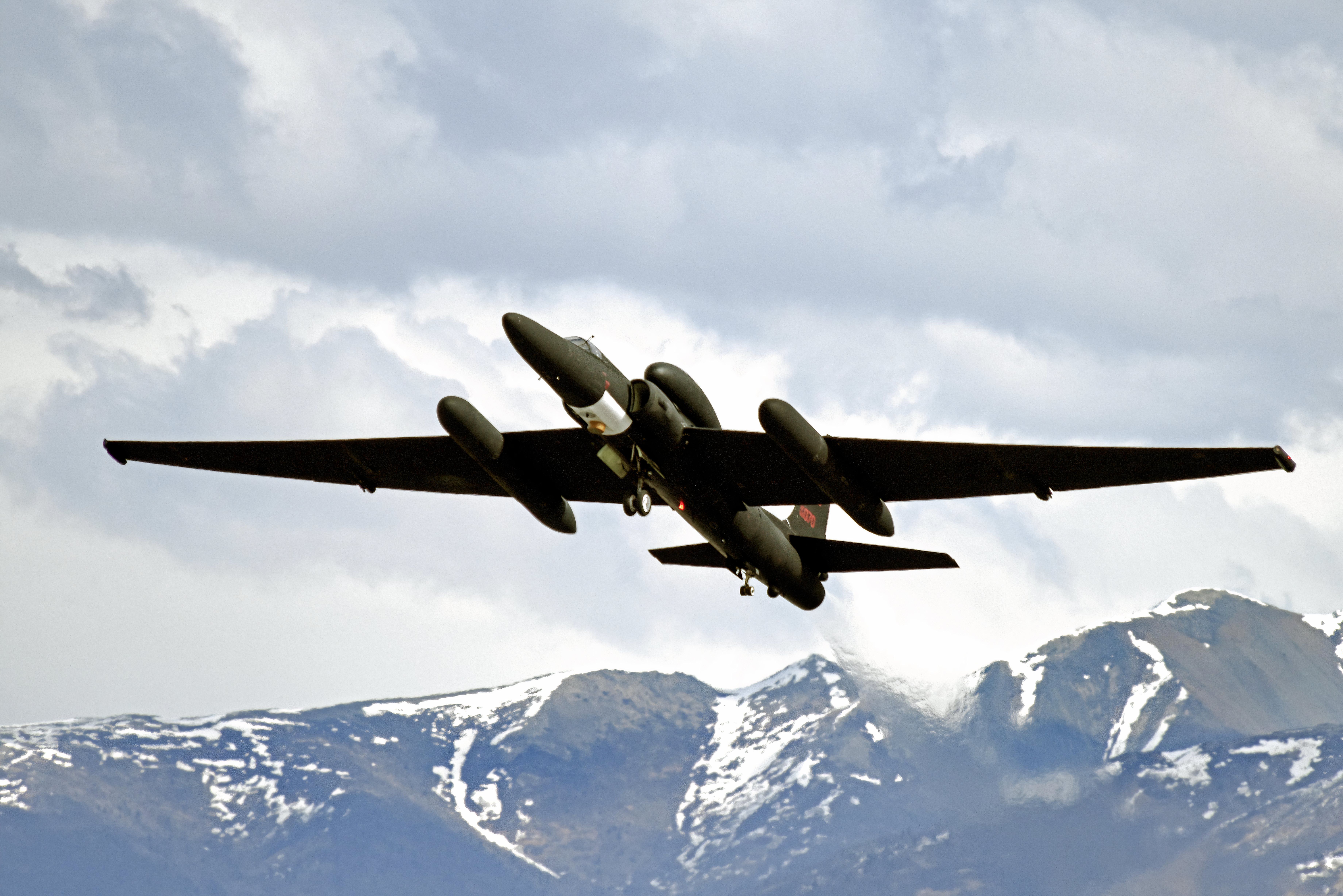 A U-2 Dragon Lady from Beale Air Force Base, Calif., departs the runway at Joint Base Elmendorf-Richardson, Alaska,