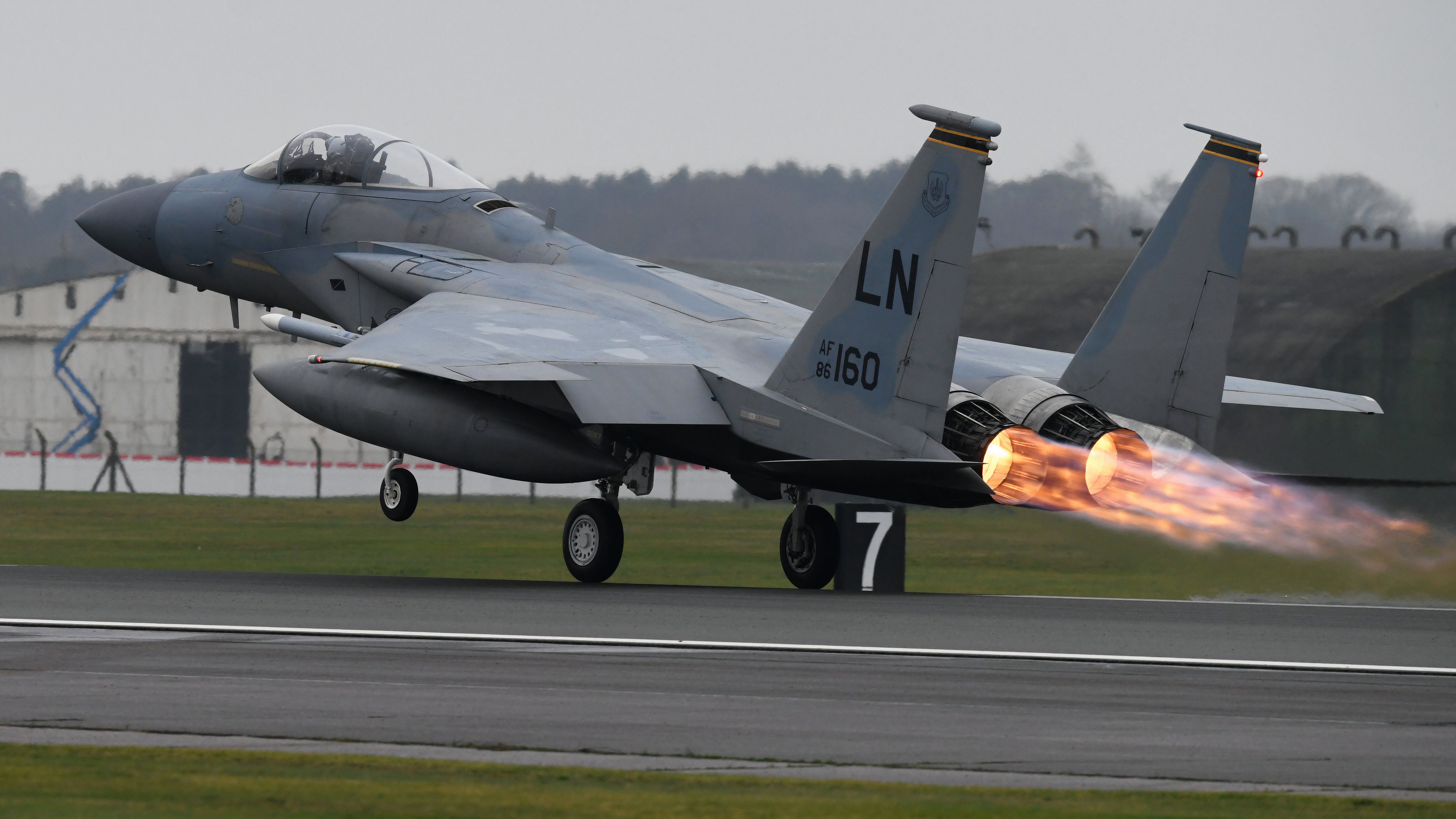 An F-15C Eagle assigned to the 493rd Fighter Squadron takes off in support of exercise Point Blank 20-1 at Royal Air Force Lakenheath, England,